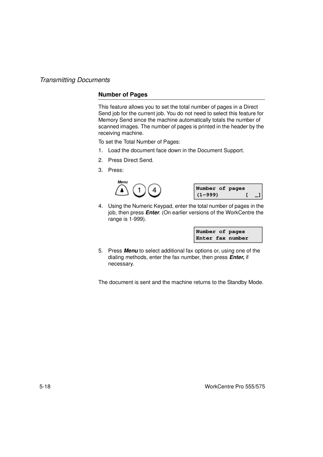 Xerox 555, 575 manual Number of Pages, Number of pages 999, Number of pages Enter fax number 