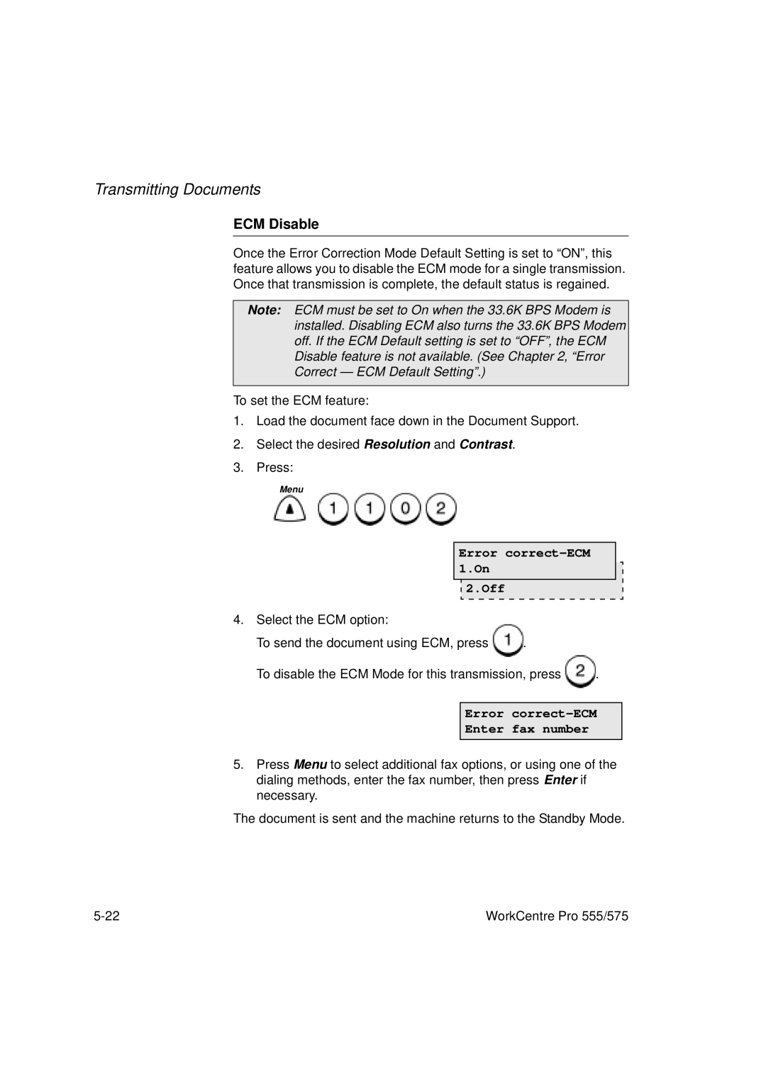 Xerox 555, 575 manual ECM Disable, Error correct-ECM Off 