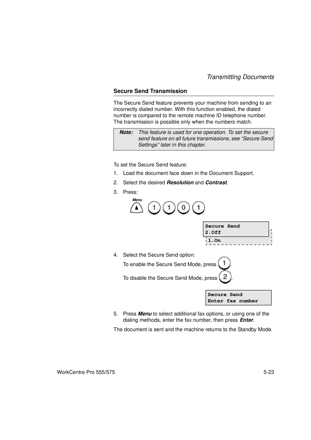 Xerox 575, 555 manual Secure Send Transmission, Secure Send Off, Secure Send Enter fax number 