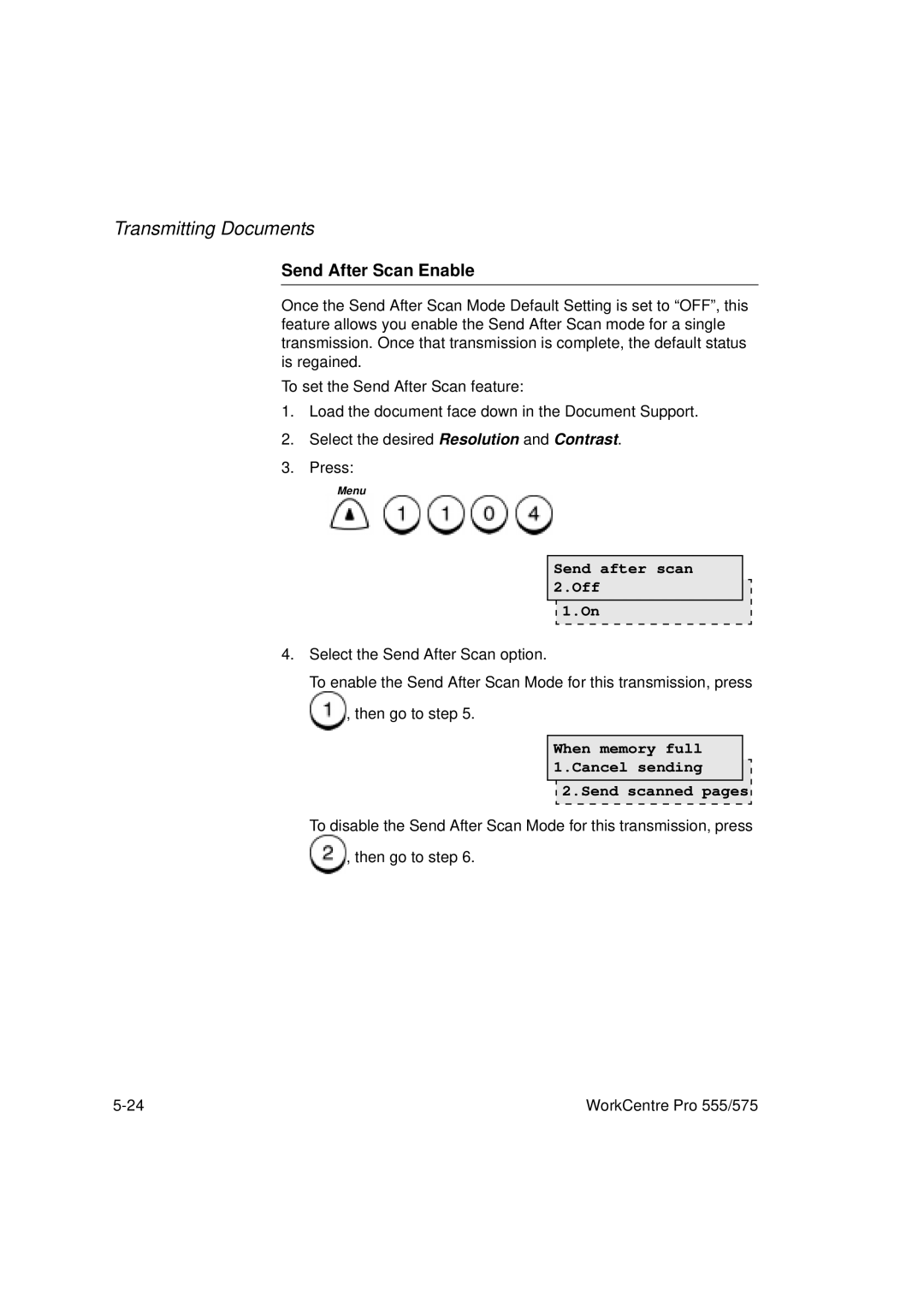 Xerox 555, 575 manual Send After Scan Enable, Send after scan Off, When memory full 1.Cancel sending Send scanned pages 