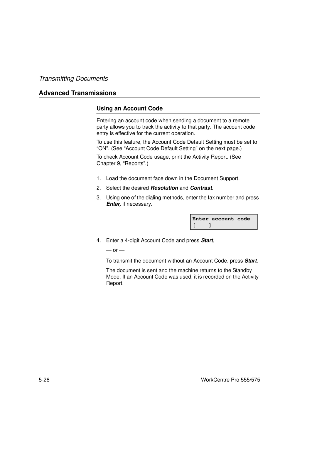 Xerox 555, 575 manual Advanced Transmissions, Using an Account Code, Enter account code 