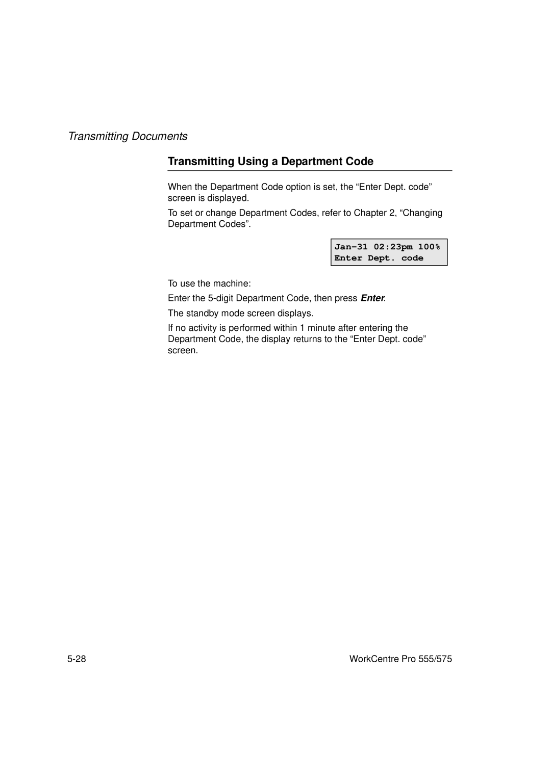 Xerox 555, 575 manual Transmitting Using a Department Code, Jan-31 0223pm 100% Enter Dept. code 