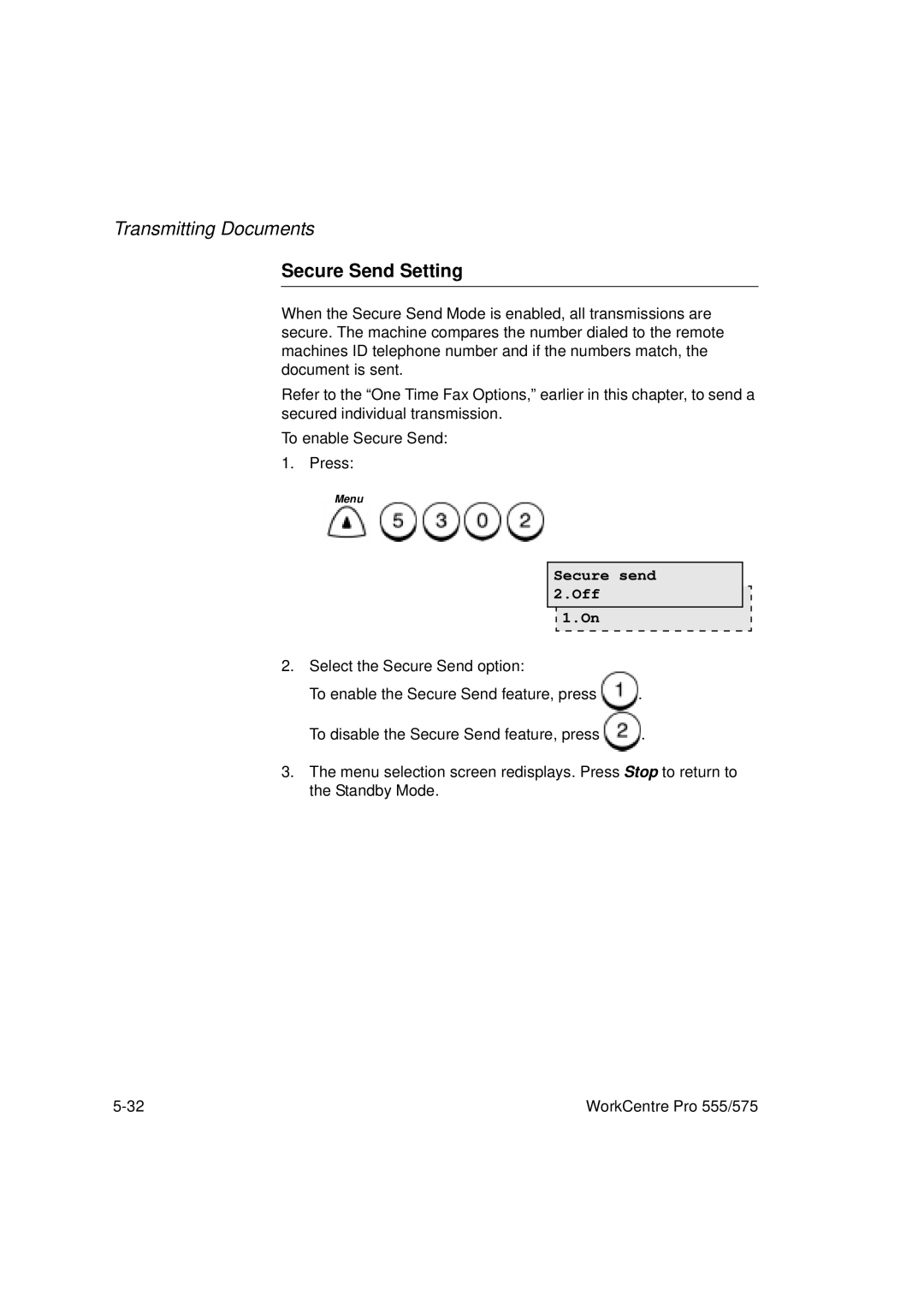 Xerox 555, 575 manual Secure Send Setting, Secure send Off 