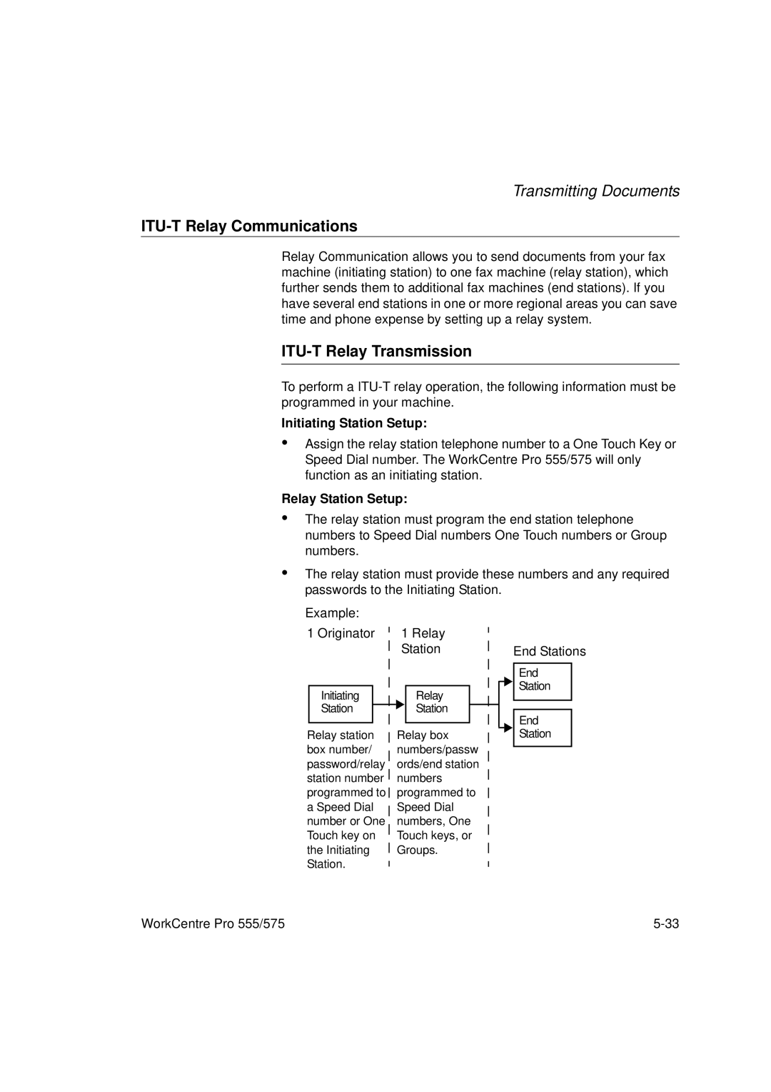 Xerox 575, 555 manual ITU-T Relay Communications, ITU-T Relay Transmission, Initiating Station Setup, Relay Station Setup 