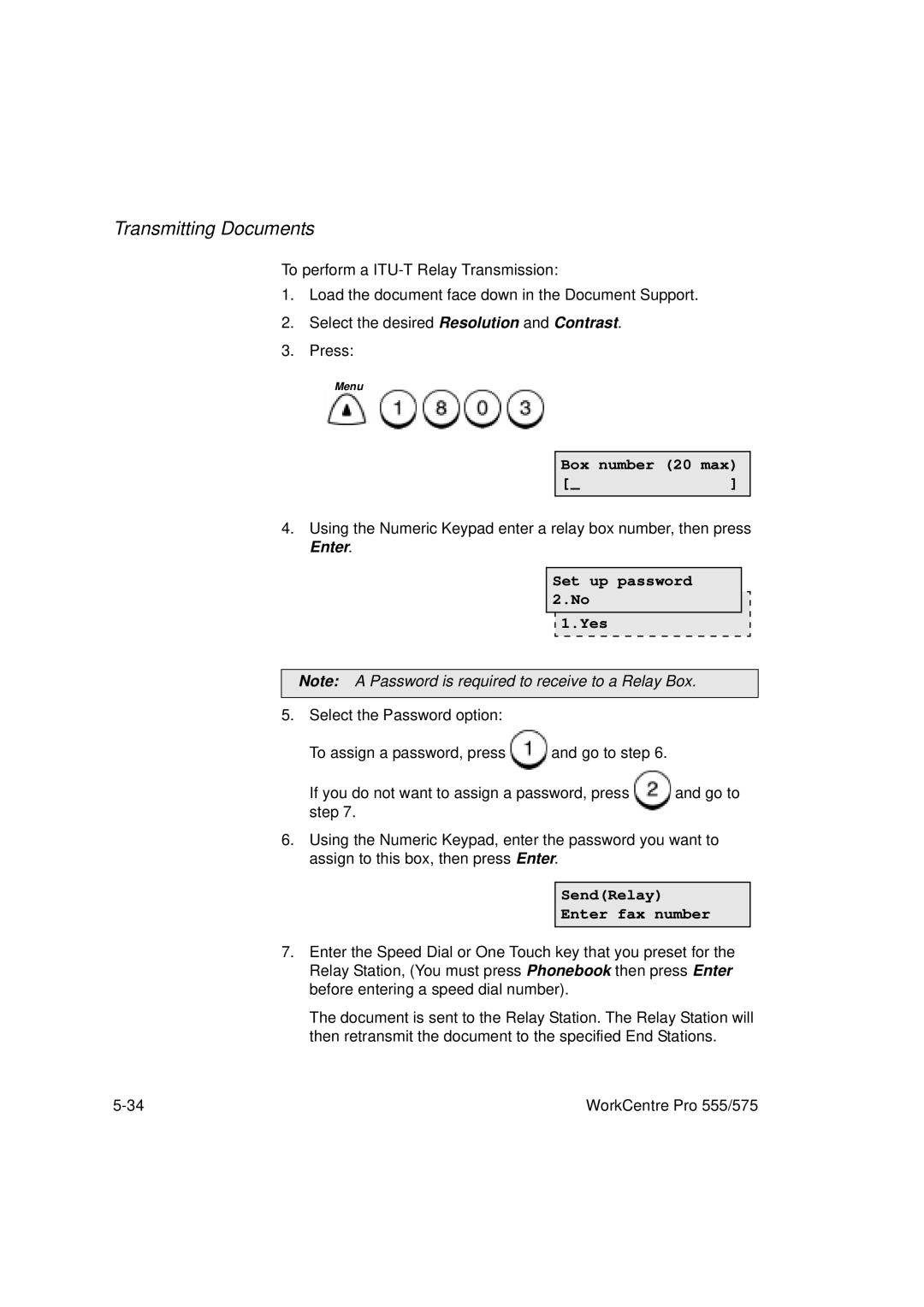 Xerox 555, 575 manual Box number 20 max, Set up password Yes, SendRelay Enter fax number 