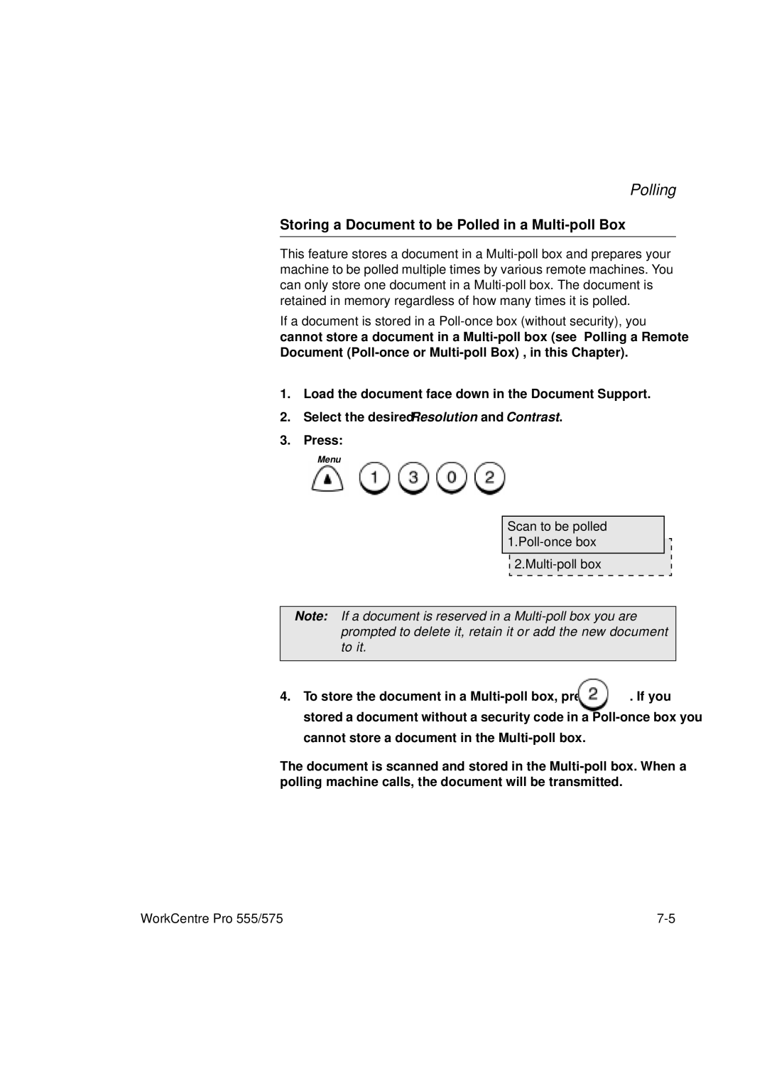 Xerox 575, 555 manual Storing a Document to be Polled in a Multi-poll Box, Scan to be polled 1.Poll -once box Multi-poll box 