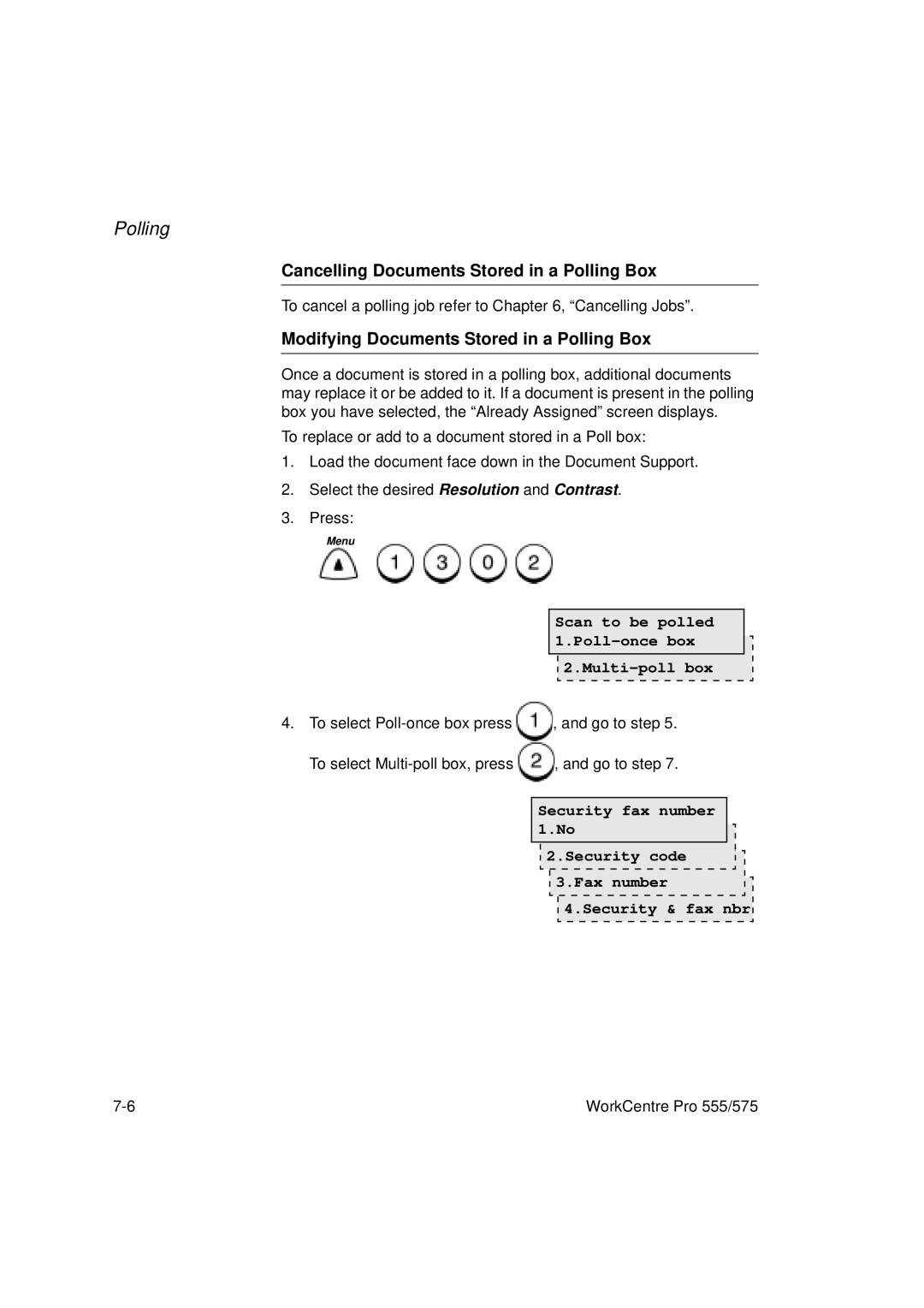 Xerox 555, 575 manual Cancelling Documents Stored in a Polling Box, Modifying Documents Stored in a Polling Box 