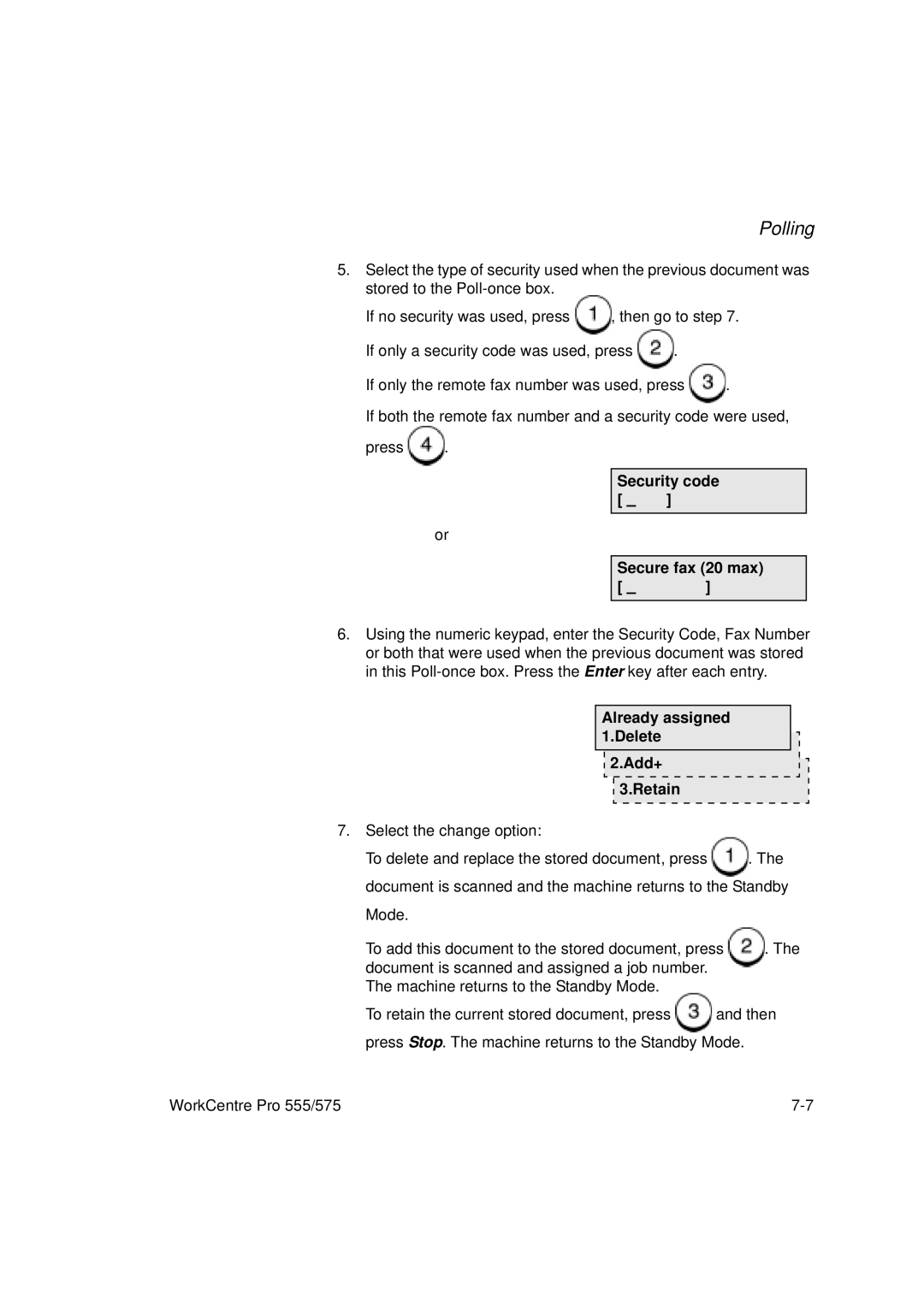 Xerox 575, 555 manual Security code Secure fax 20 max, Already assigned Delete 