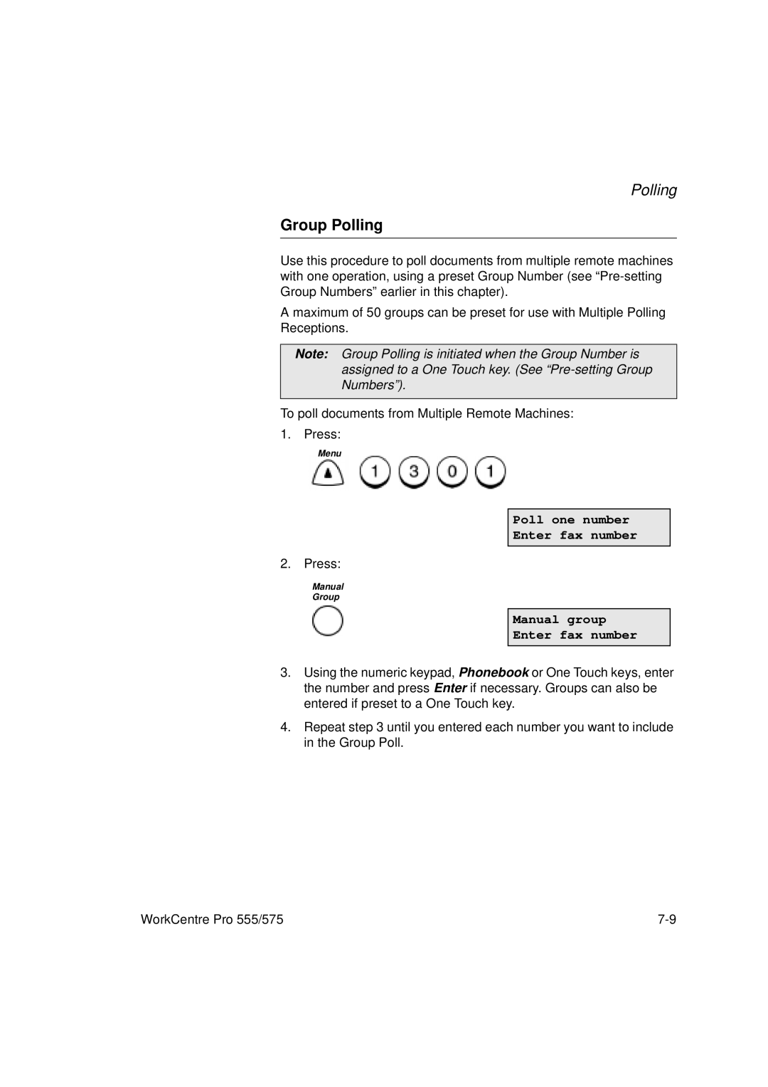 Xerox 575, 555 manual Group Polling, Manual group Enter fax number 