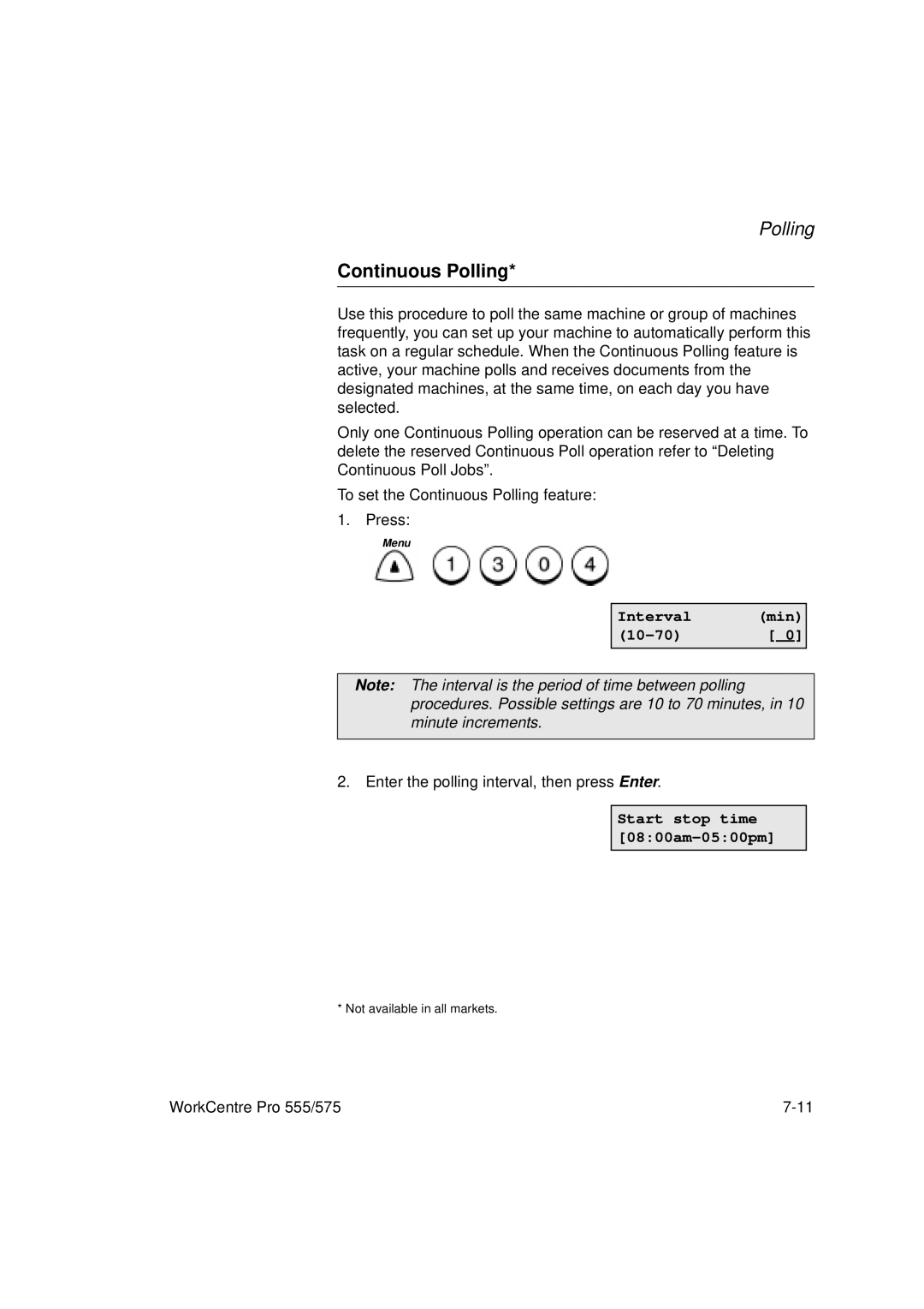 Xerox 575, 555 manual Continuous Polling, Interval Min 10-70, Start stop time 0800am-0500pm 