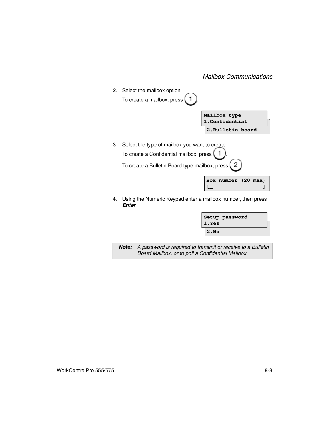 Xerox 575, 555 manual Mailbox type Confidential Bulletin board, Setup password Yes 