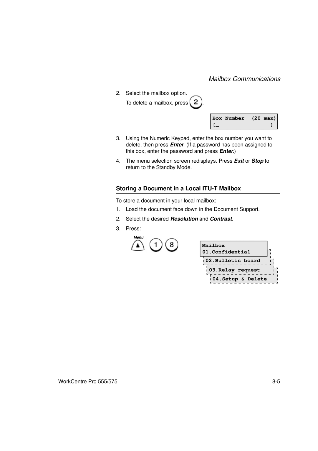 Xerox 575, 555 manual Storing a Document in a Local ITU-T Mailbox 