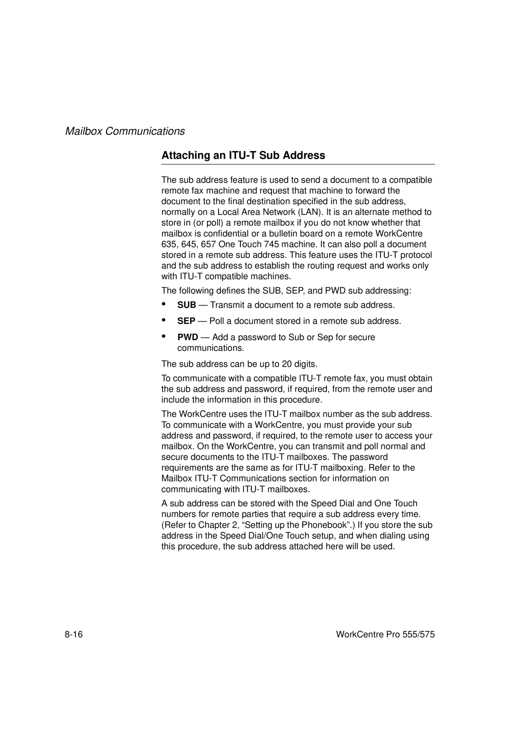 Xerox 555, 575 manual Attaching an ITU-T Sub Address 