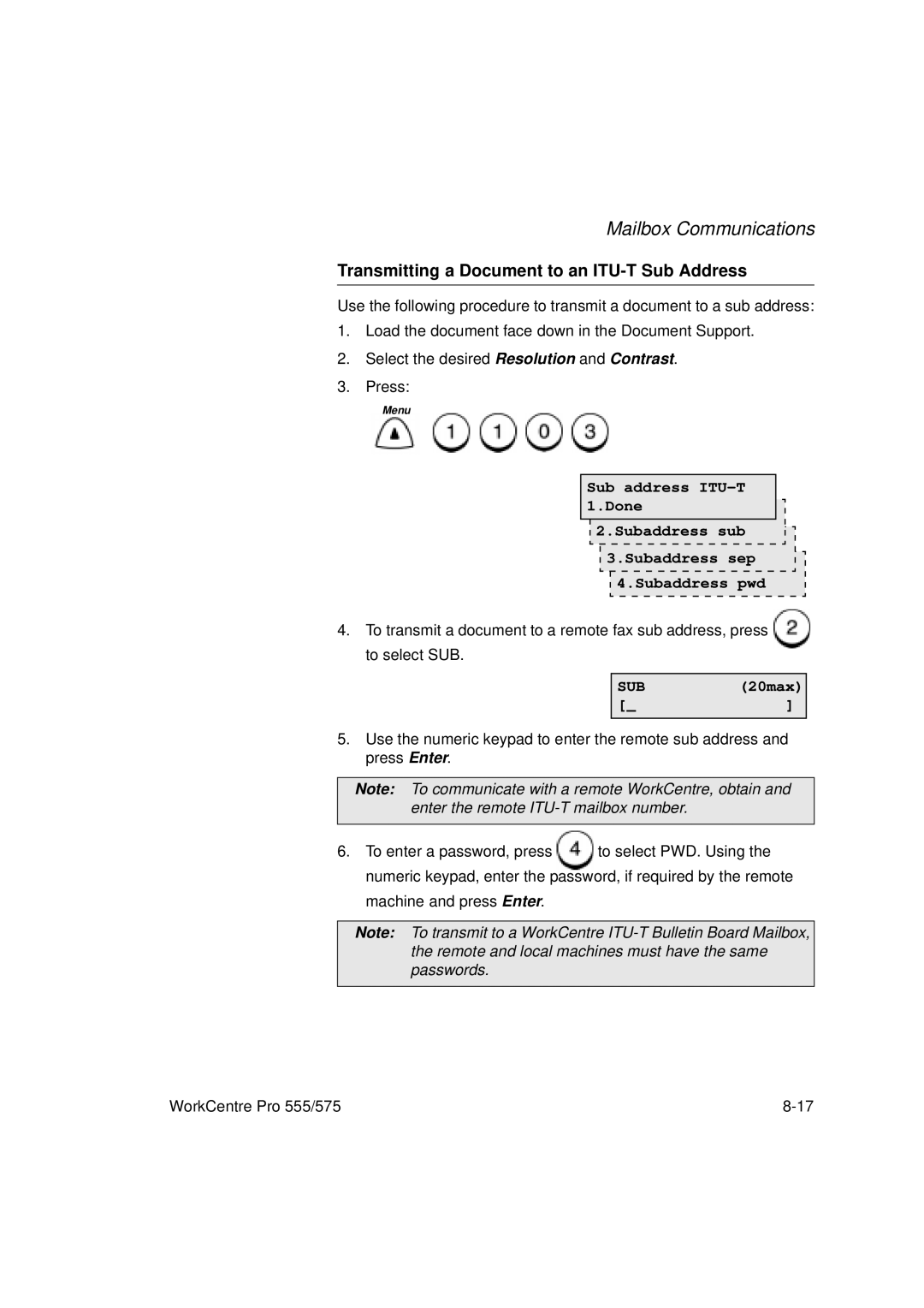 Xerox 575, 555 manual Transmitting a Document to an ITU-T Sub Address, SUB20max 