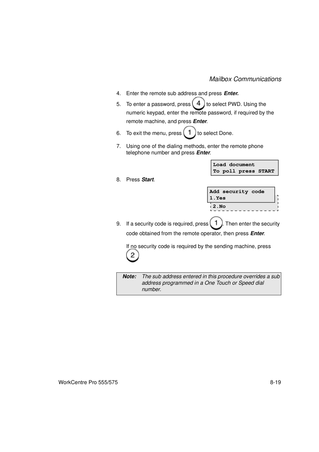 Xerox 575, 555 manual Mailbox Communications, Load document To poll press Start 