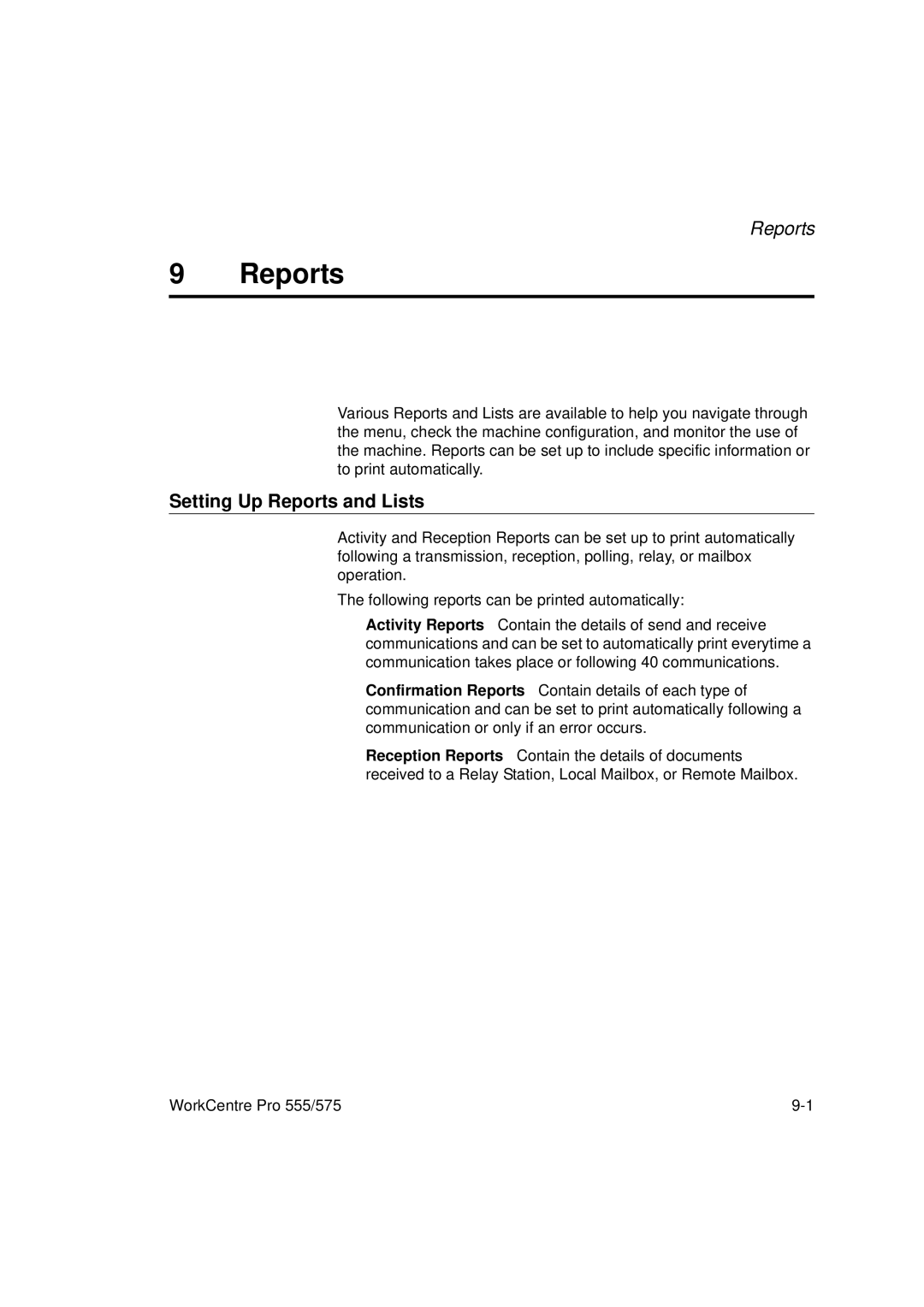 Xerox 575, 555 manual Setting Up Reports and Lists 