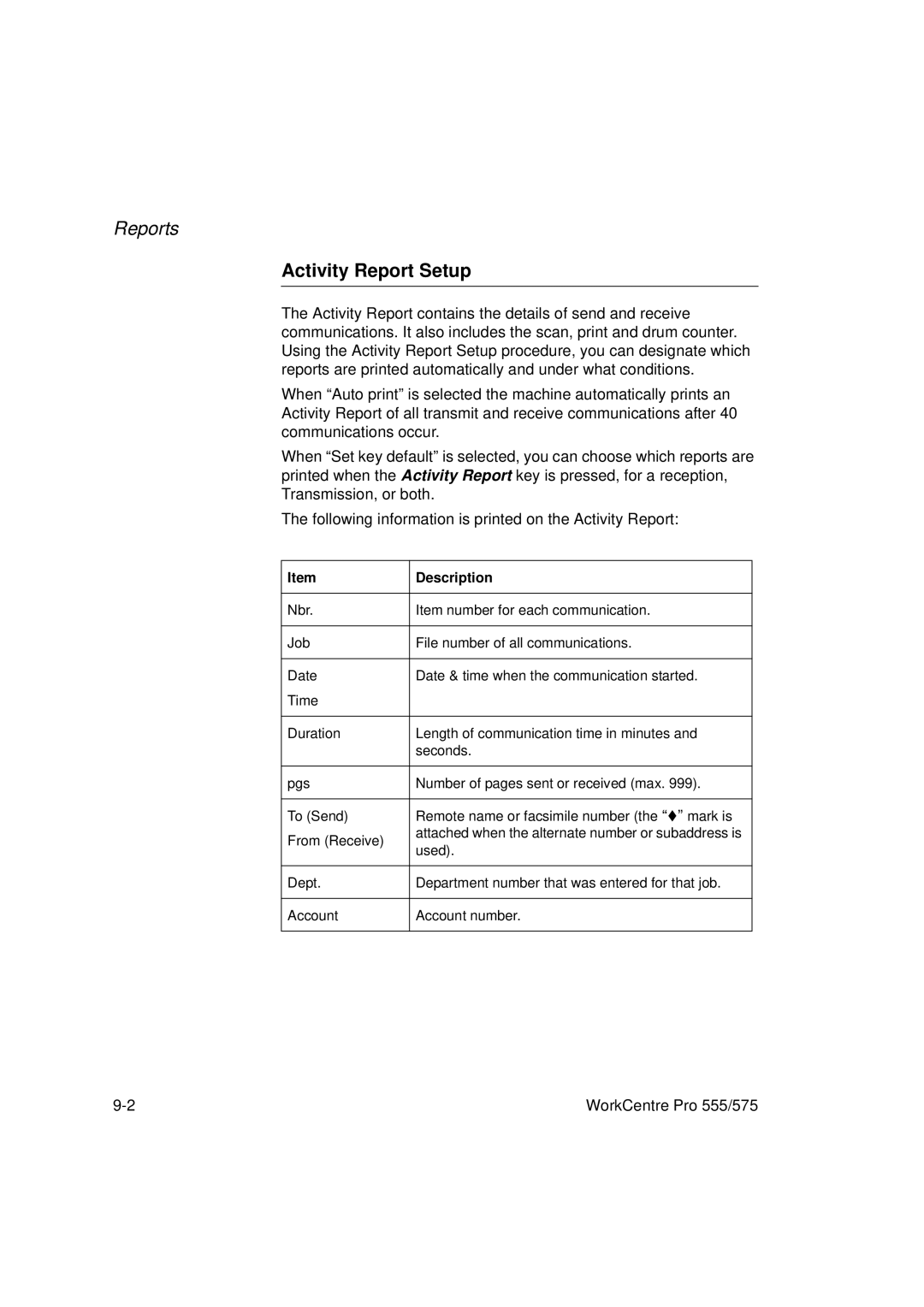 Xerox 555, 575 manual Activity Report Setup 