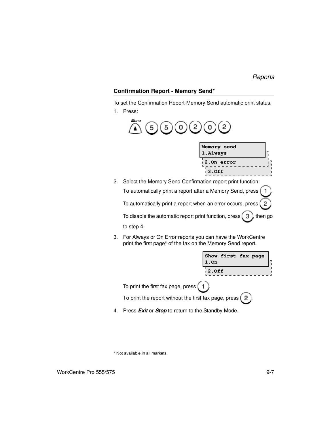 Xerox 575, 555 manual Confirmation Report Memory Send, Memory send 1.Always On error Off, Show first fax Off 