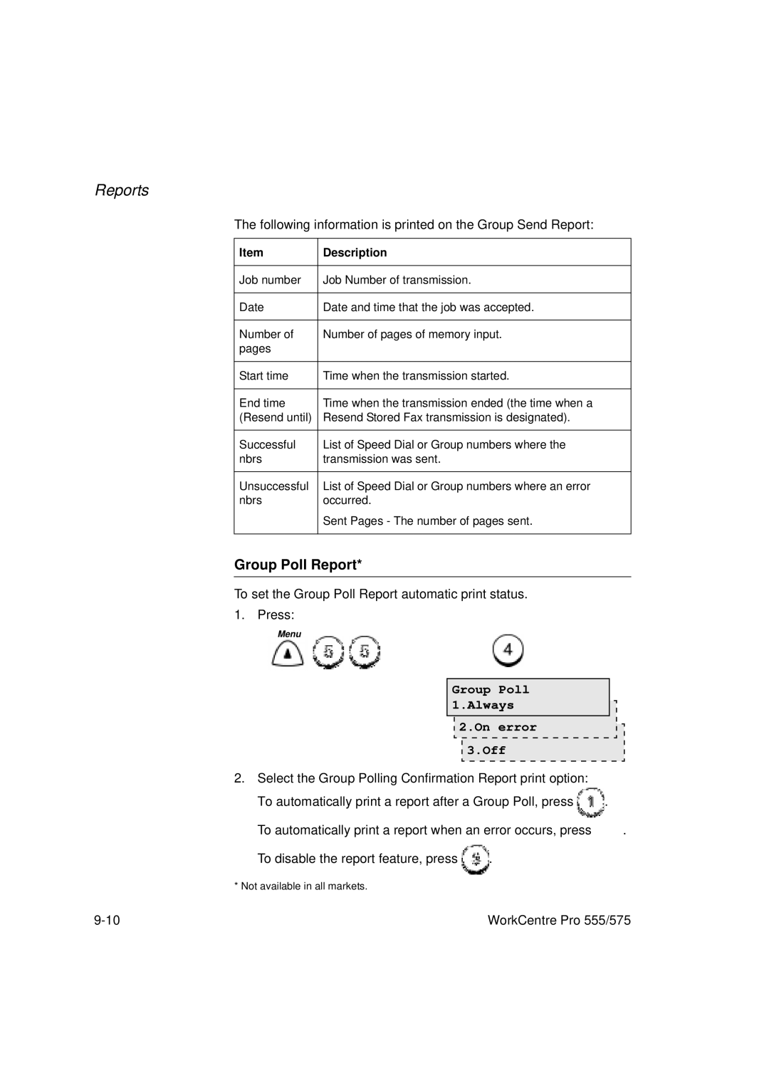 Xerox 555, 575 manual Group Poll Report, Group Poll Always On error Off 