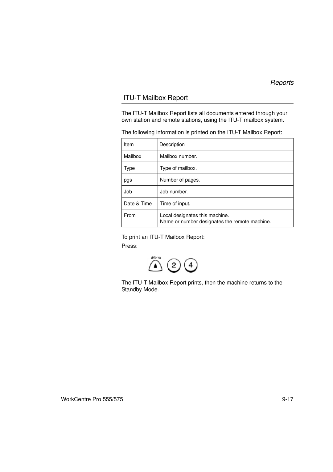 Xerox 575, 555 manual ITU-T Mailbox Report 