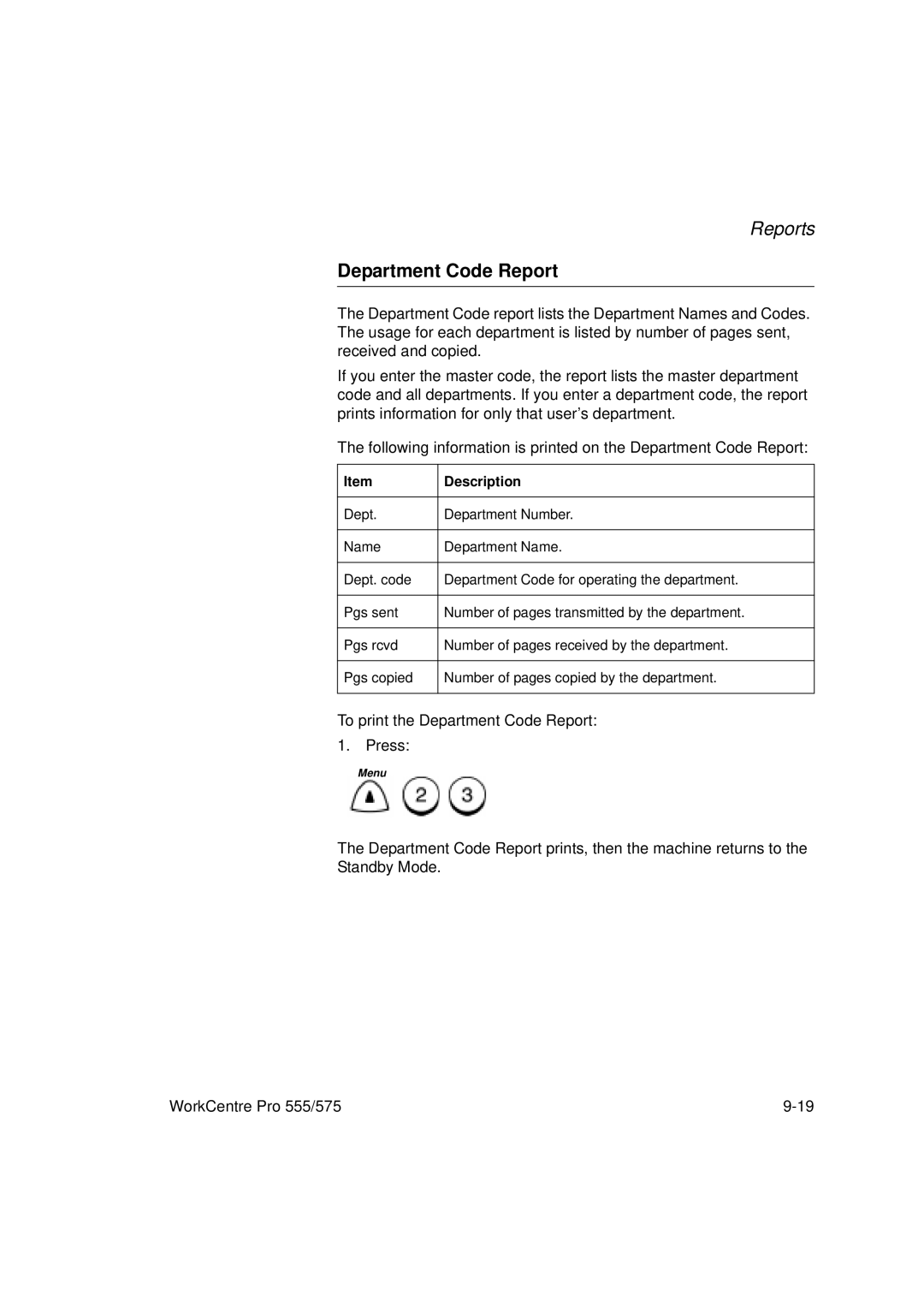 Xerox 575, 555 manual Department Code Report 