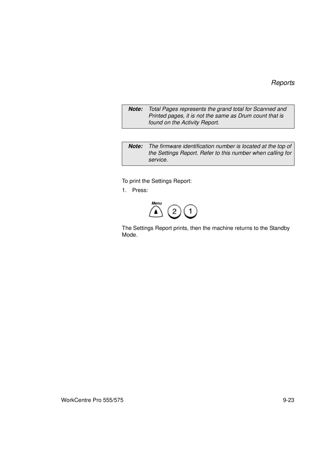 Xerox 575, 555 manual To print the Settings Report Press 