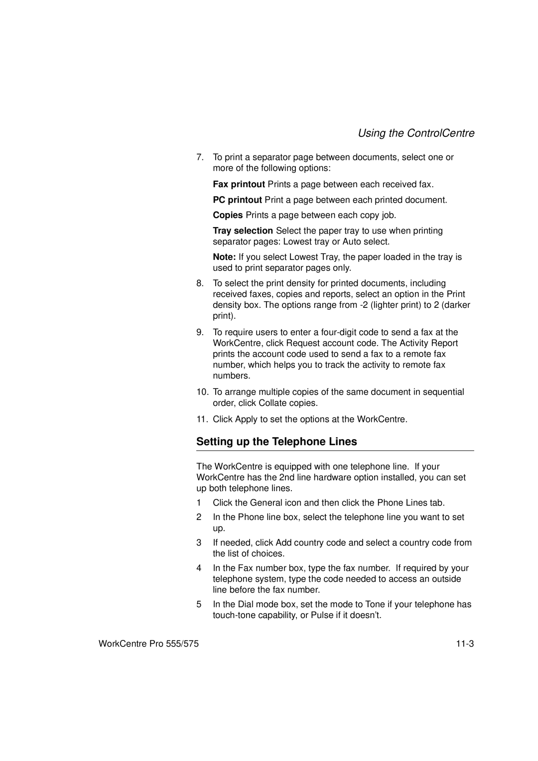 Xerox 575, 555 manual Setting up the Telephone Lines 