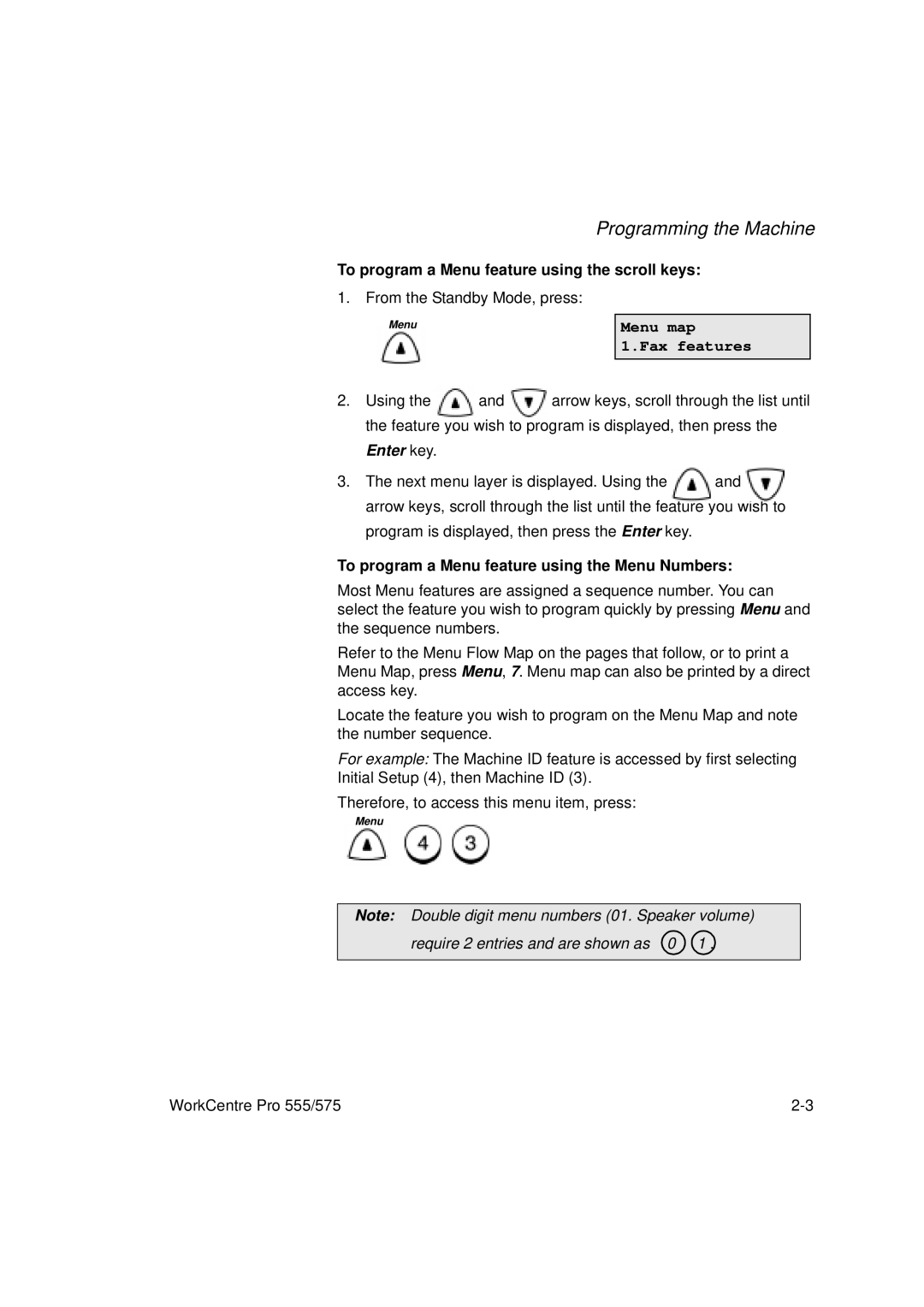 Xerox 575, 555 manual To program a Menu feature using the scroll keys, Menu map Fax features 