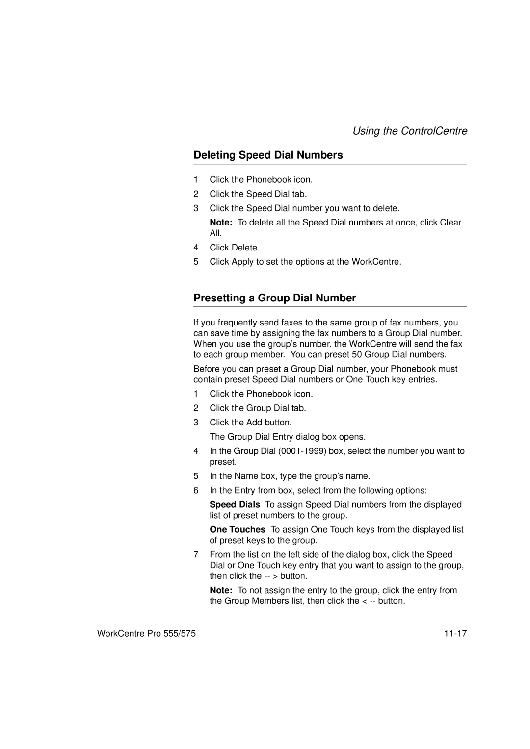 Xerox 575, 555 manual Deleting Speed Dial Numbers, Presetting a Group Dial Number 