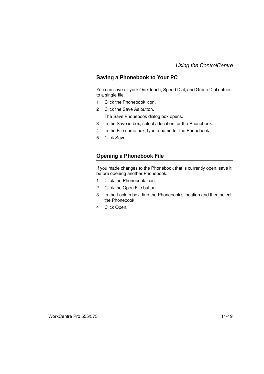 Xerox 575, 555 manual Saving a Phonebook to Your PC, Opening a Phonebook File 