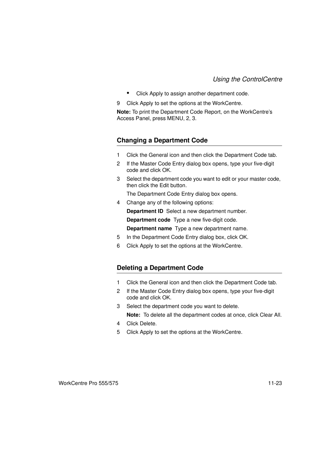 Xerox 575, 555 manual Changing a Department Code, Deleting a Department Code 