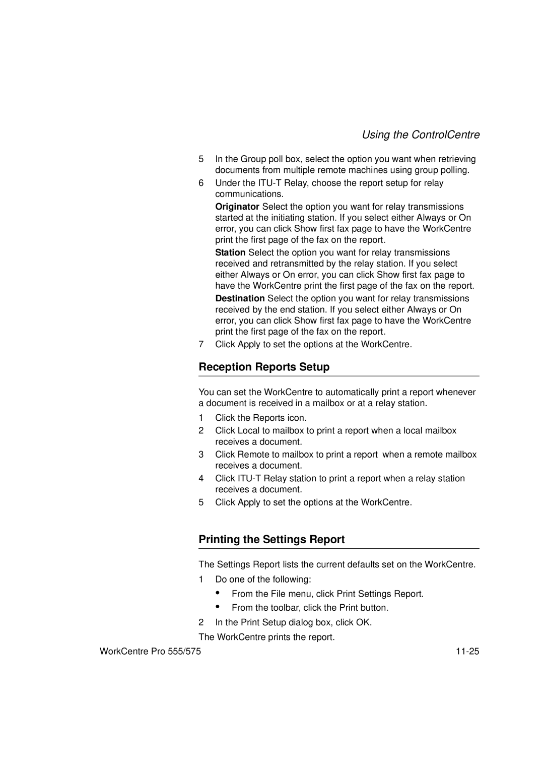 Xerox 575, 555 manual Reception Reports Setup, Printing the Settings Report 