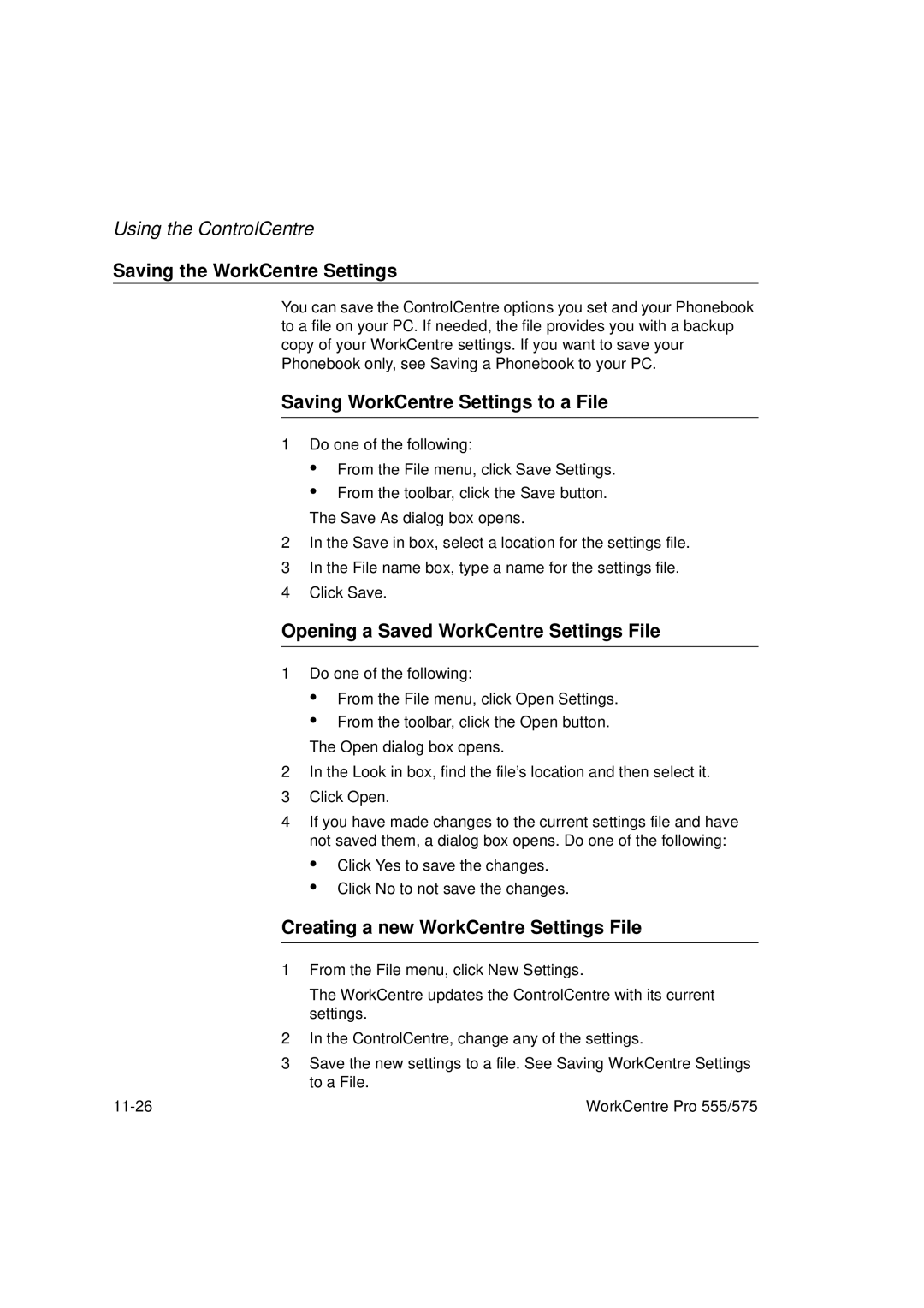 Xerox 555 Saving the WorkCentre Settings, Saving WorkCentre Settings to a File, Opening a Saved WorkCentre Settings File 