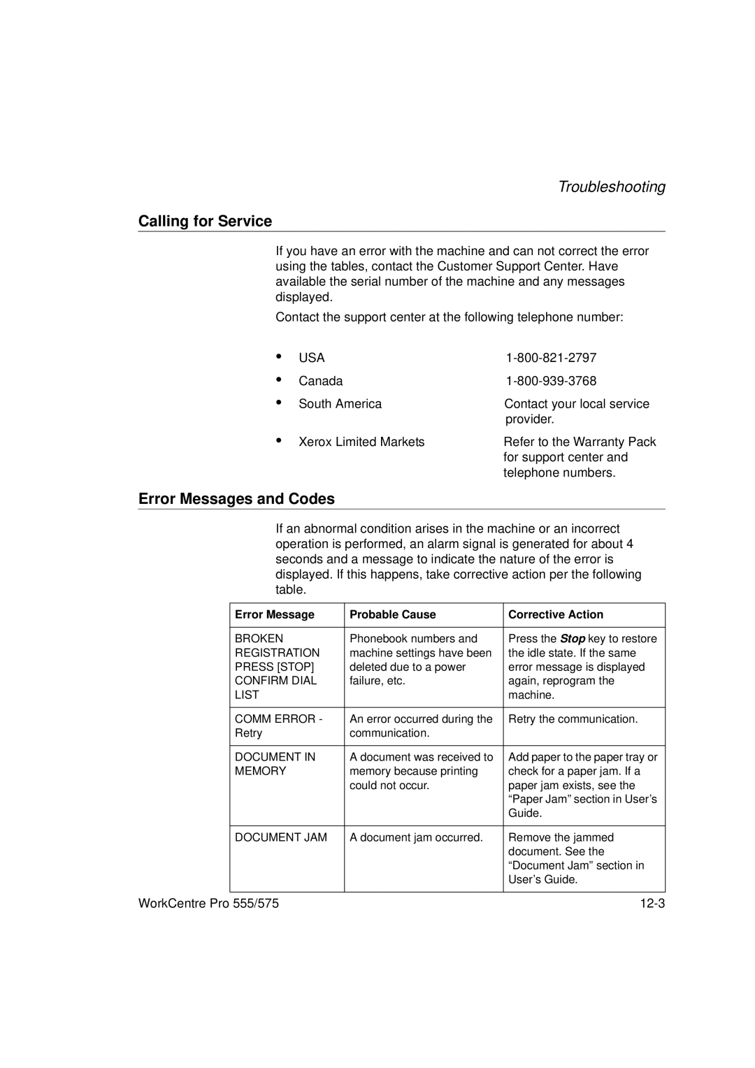 Xerox 575, 555 manual Calling for Service, Error Messages and Codes 