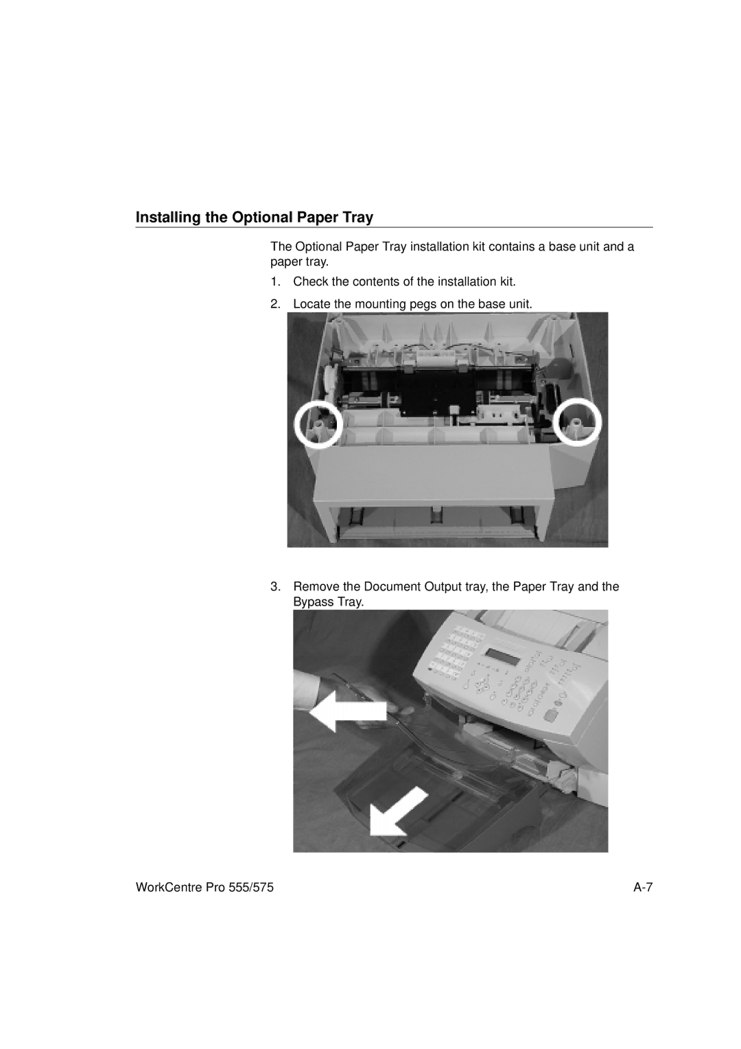 Xerox 575, 555 manual Installing the Optional Paper Tray 