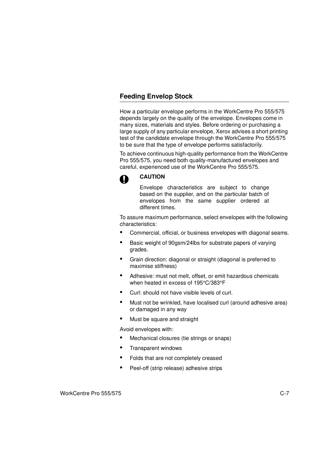 Xerox 575, 555 manual Feeding Envelop Stock 