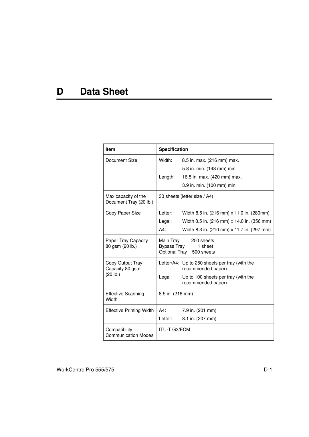 Xerox 575, 555 manual Data Sheet, Specification 