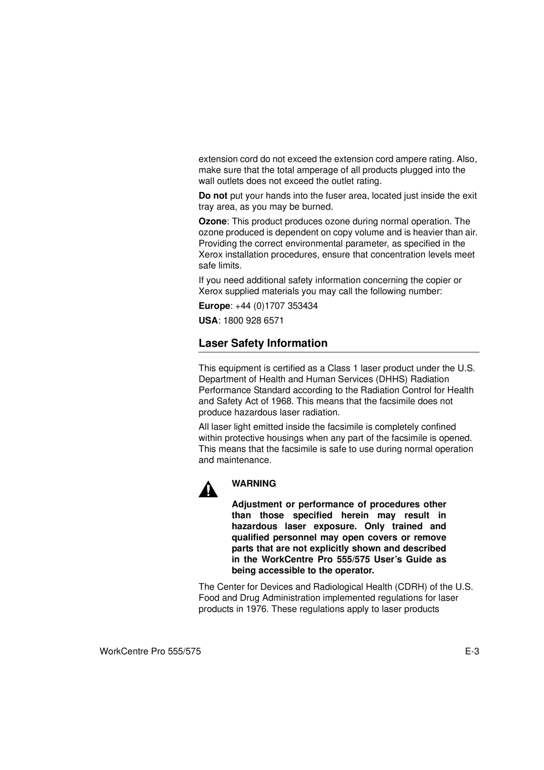 Xerox 575, 555 manual Laser Safety Information 