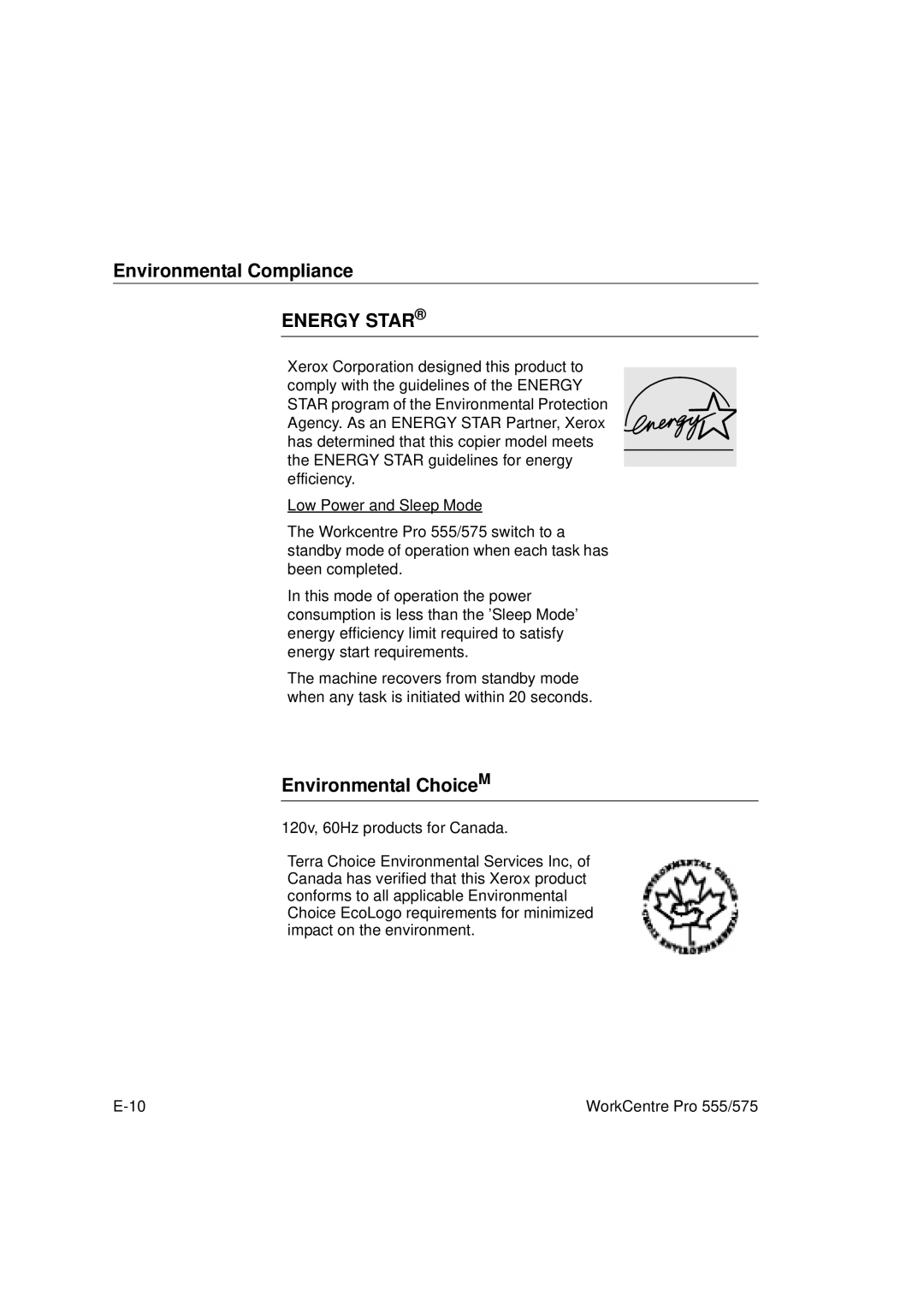 Xerox 555, 575 manual Environmental Compliance, Environmental ChoiceM 