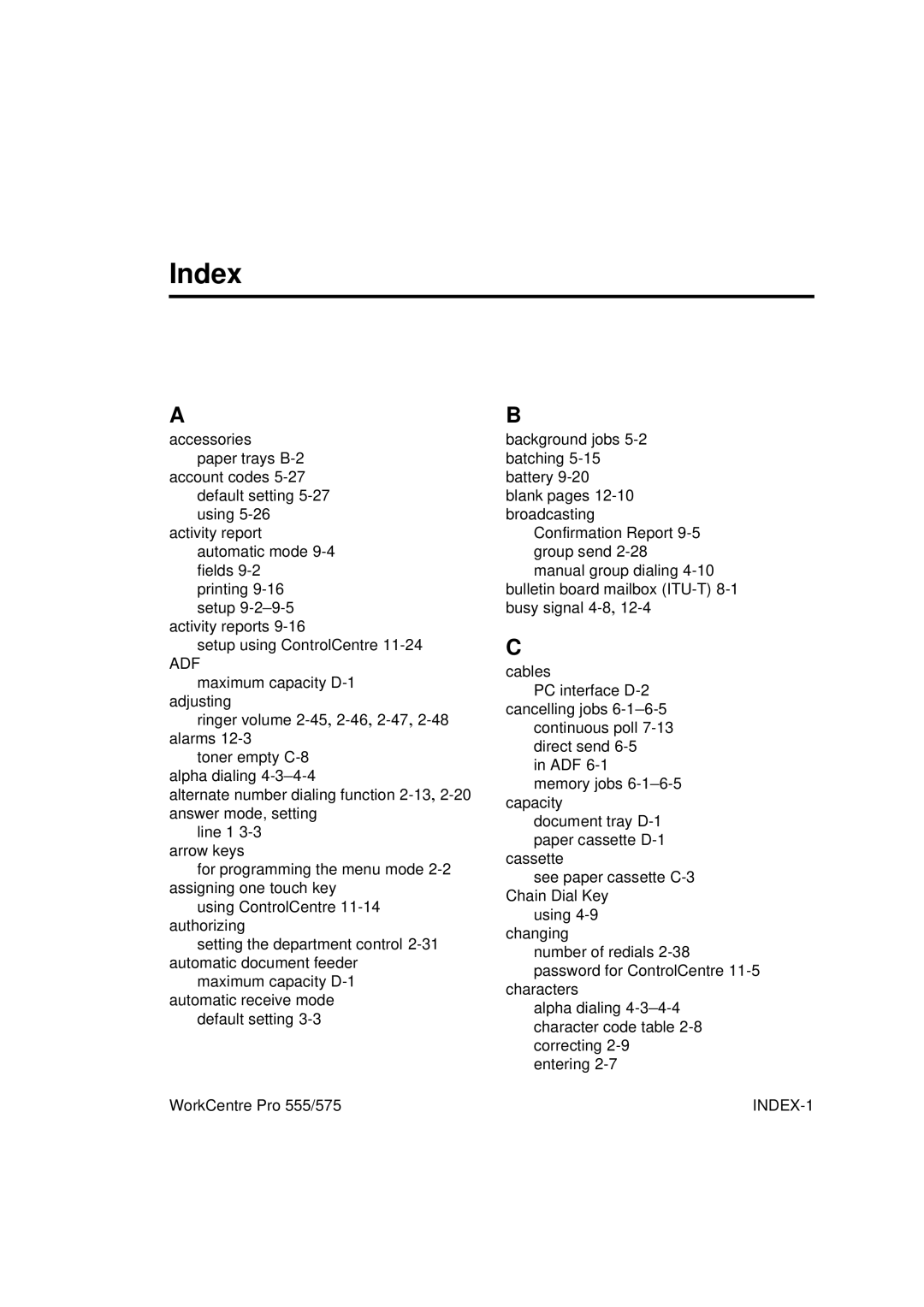 Xerox 575, 555 manual Index, Adf 