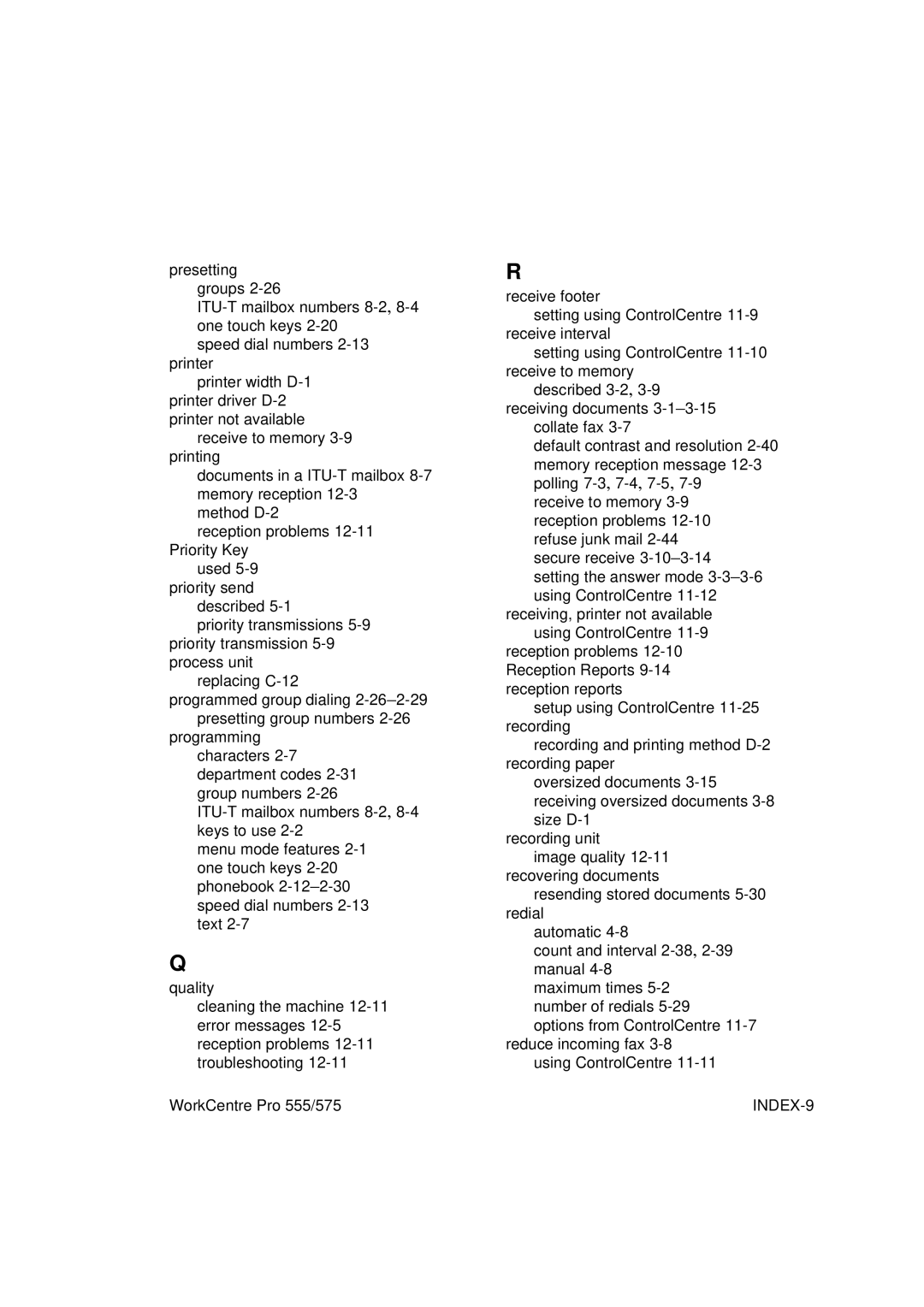 Xerox 575, 555 manual INDEX-9 