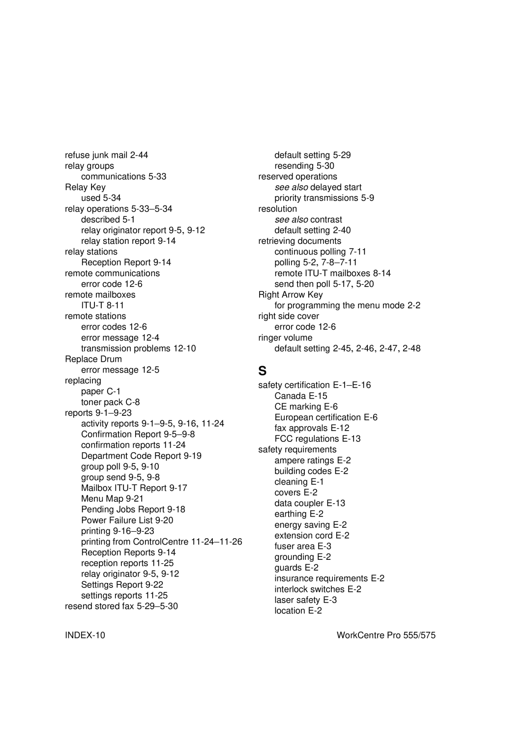 Xerox 555, 575 manual See also contrast default setting 