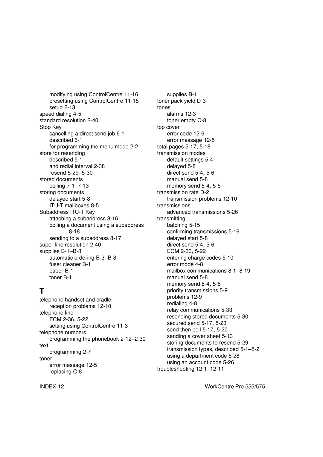 Xerox 555, 575 manual INDEX-12 