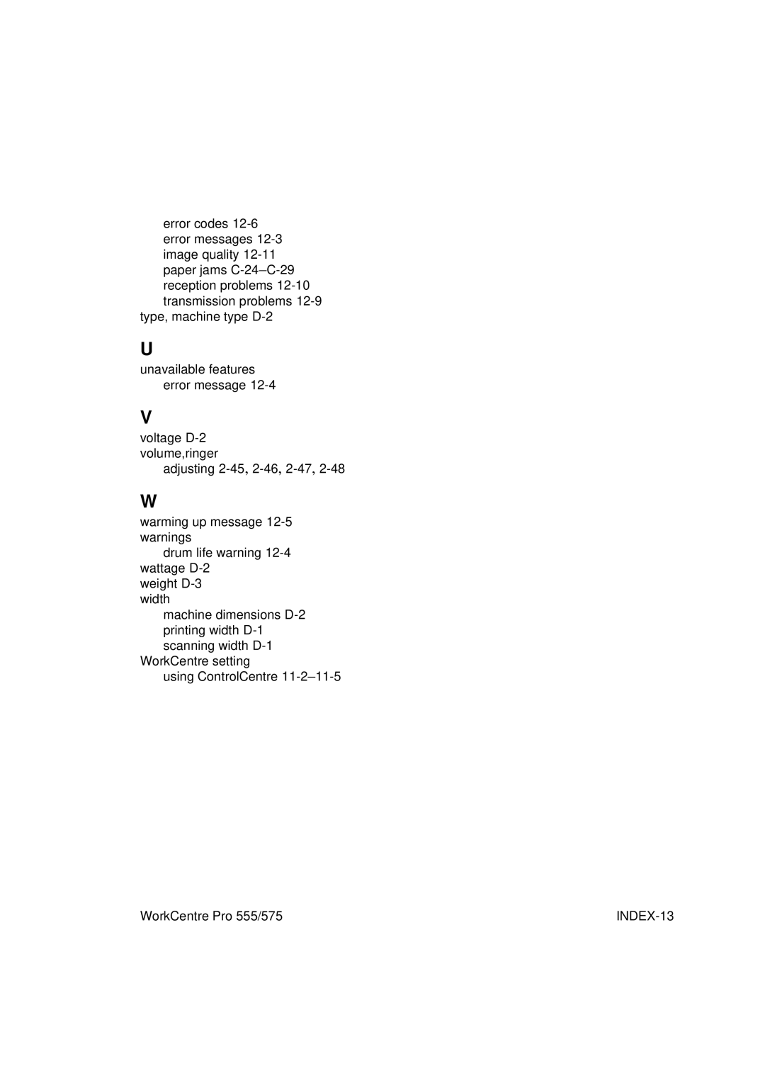 Xerox 575, 555 manual INDEX-13 