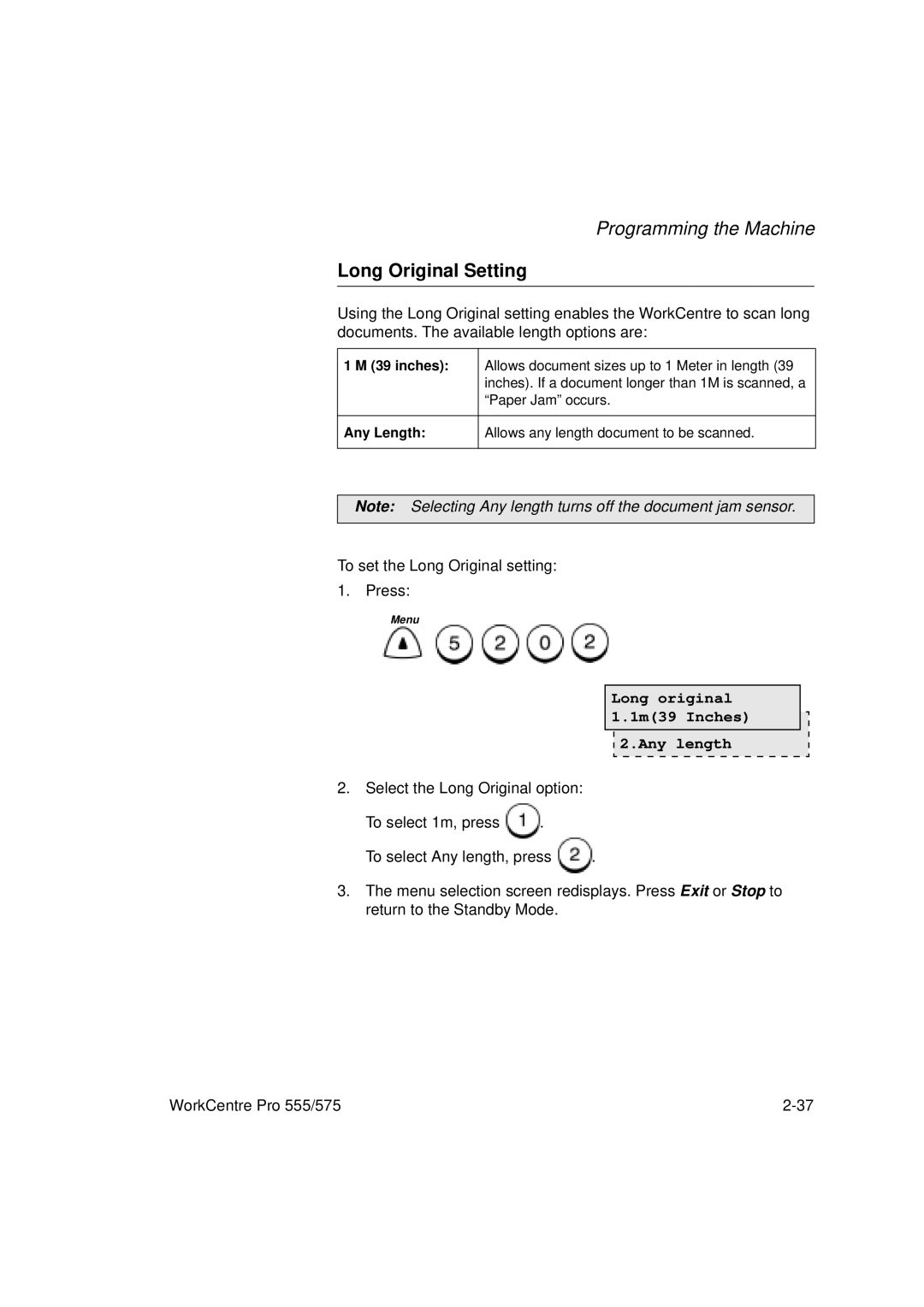 Xerox 575, 555 manual Long Original Setting, Long original 1.1m39 Inches Any length 