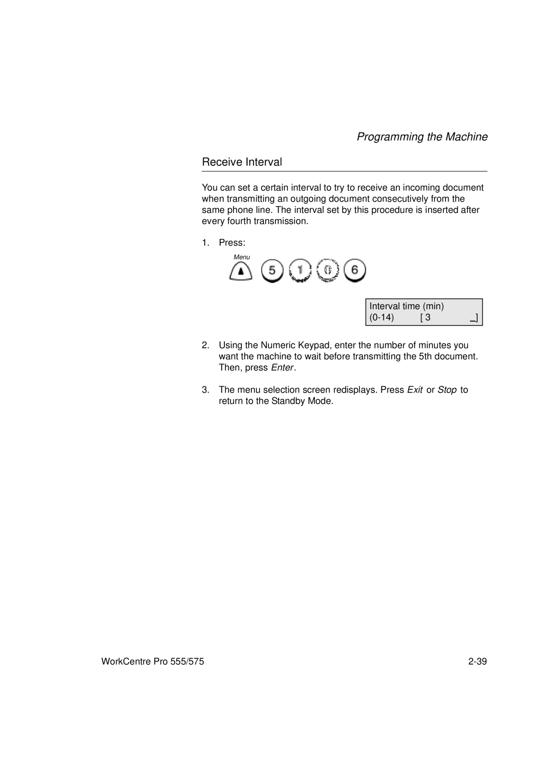 Xerox 575, 555 manual Receive Interval, Interval time min 