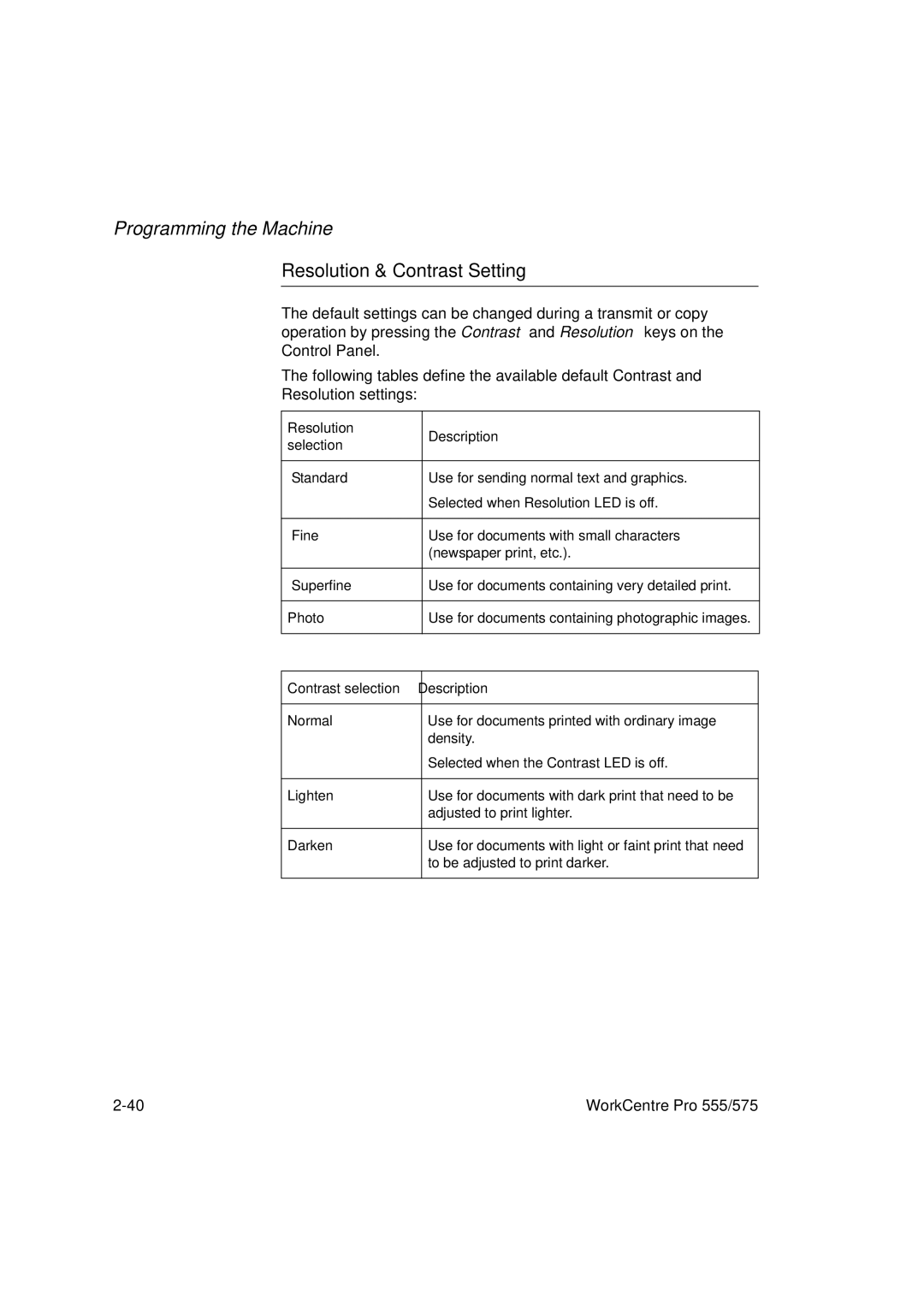 Xerox 555, 575 manual Resolution & Contrast Setting, Resolution Description Selection 