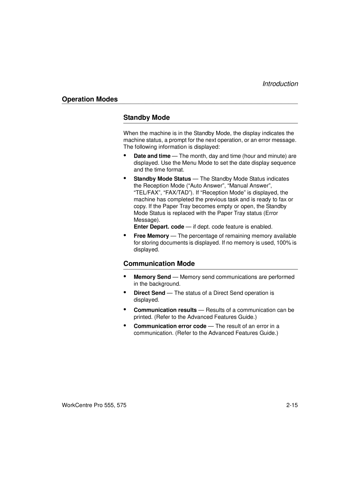 Xerox 555 manual Operation Modes Standby Mode, Communication Mode 