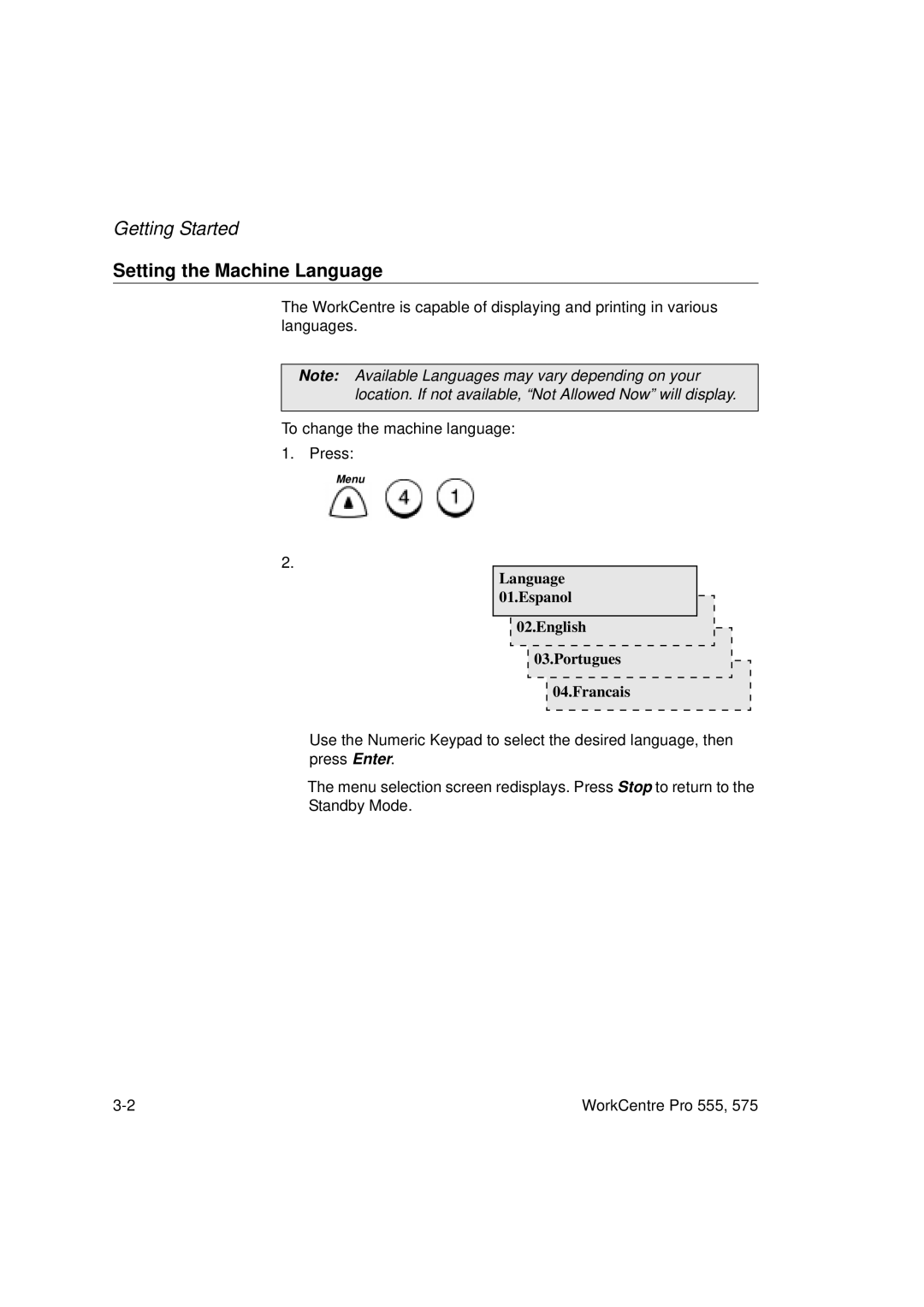 Xerox 555 manual Setting the Machine Language, Language 01.Espanol English Portugues Francais 