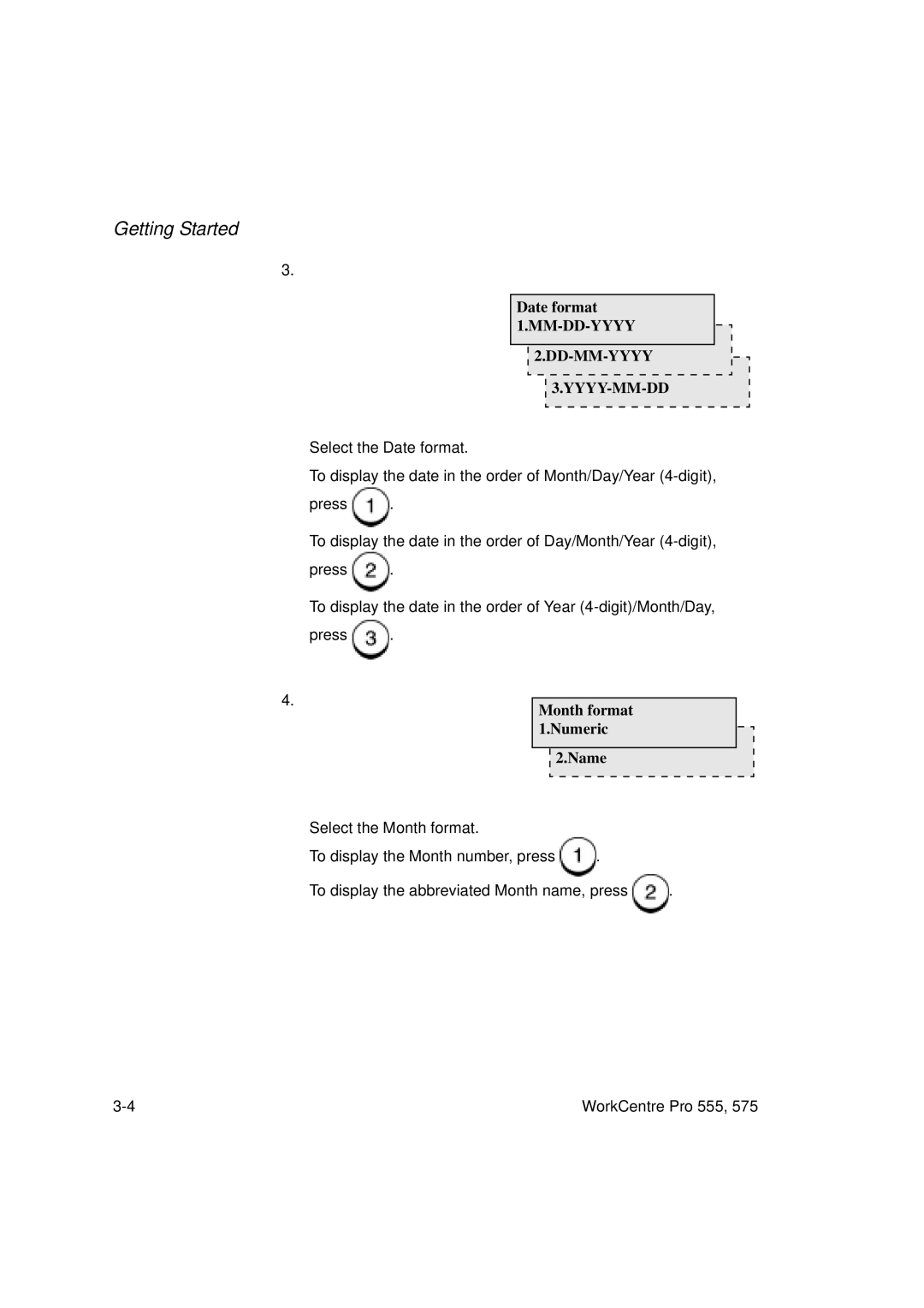 Xerox 555 manual Date format 1.MM-DD-YYYY, Month format 1.Numeric Name 